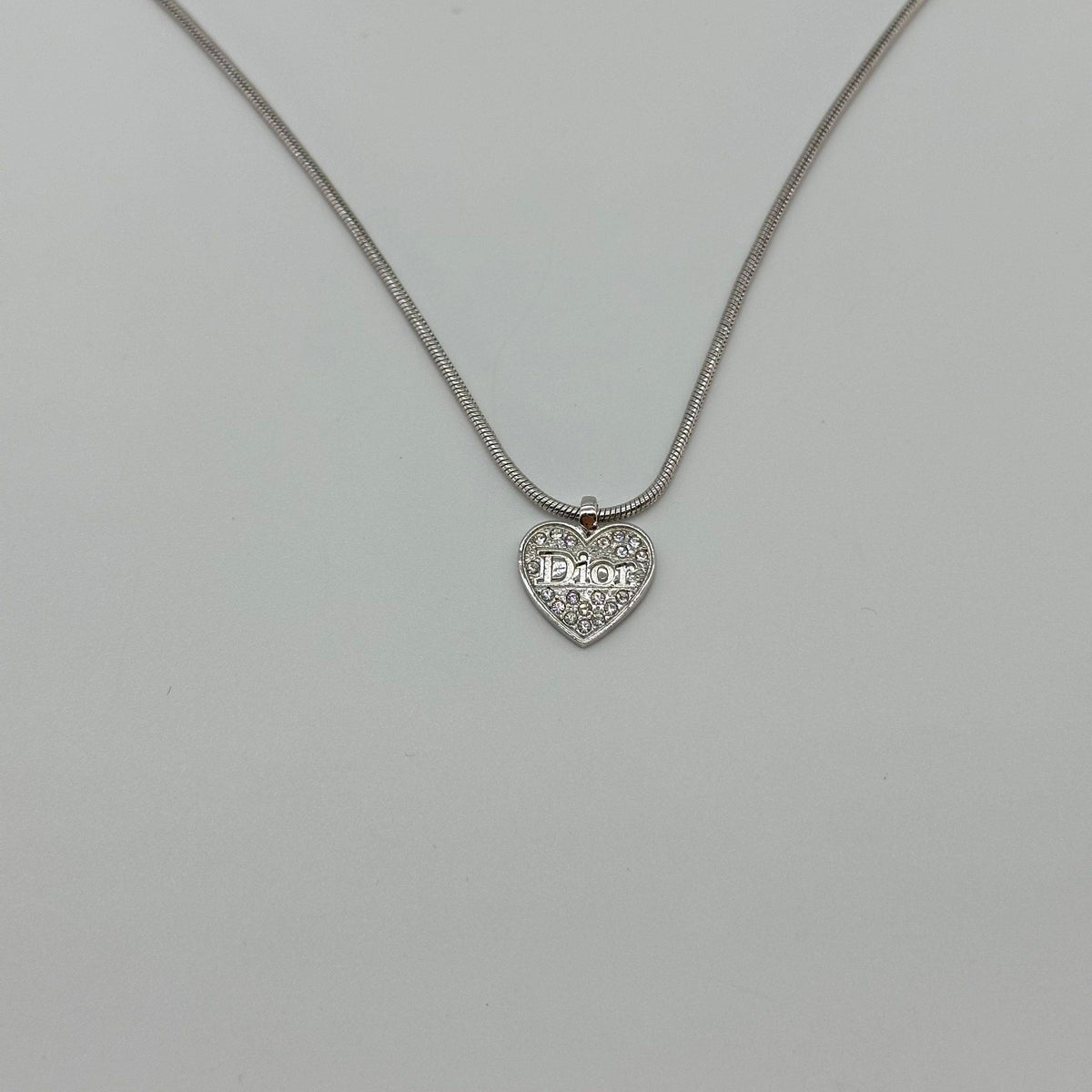 Christian Dior Heart Rhinestone Logo Necklace Silver Snake Chain