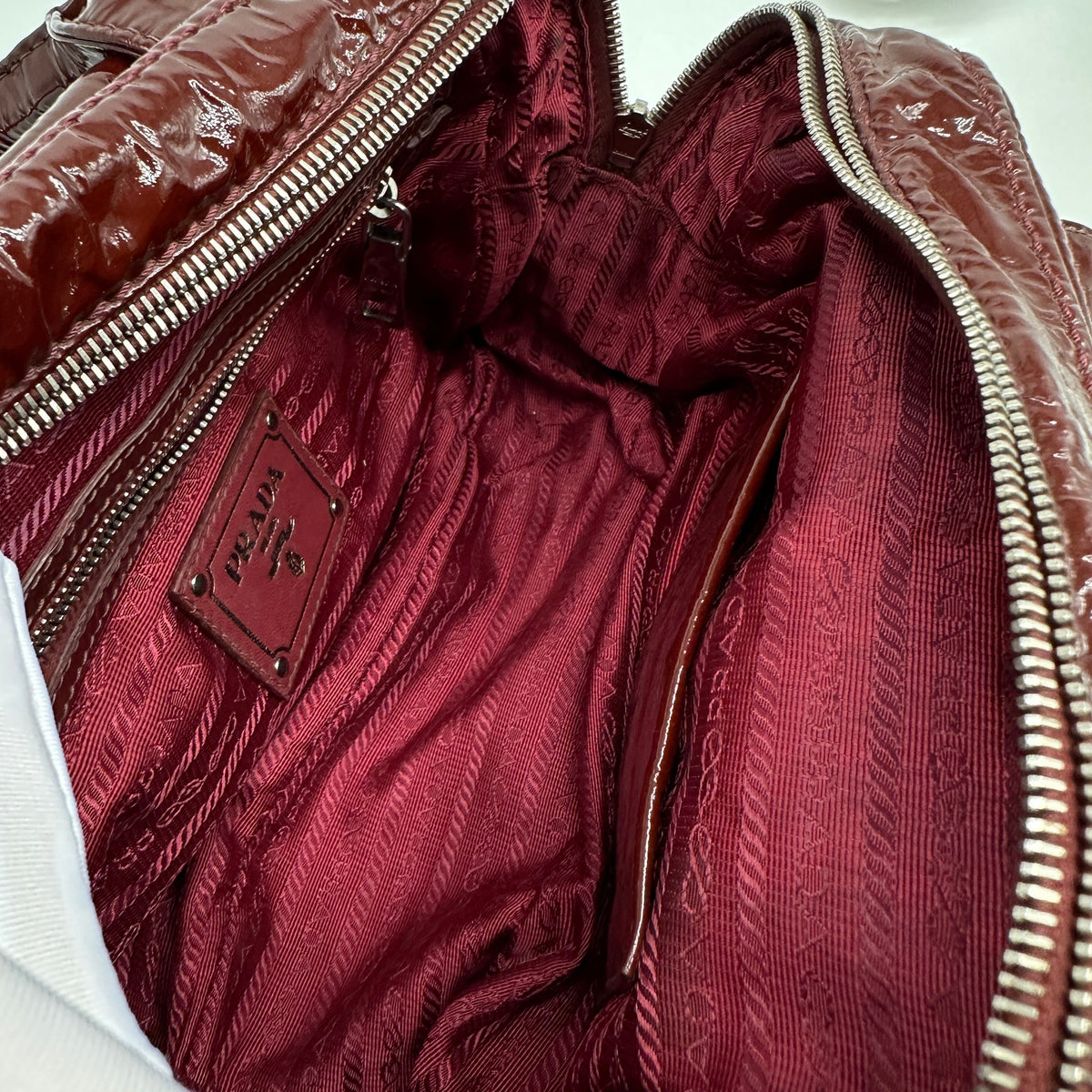 Prada Patent Leather Mini Burgundy Boston Bag