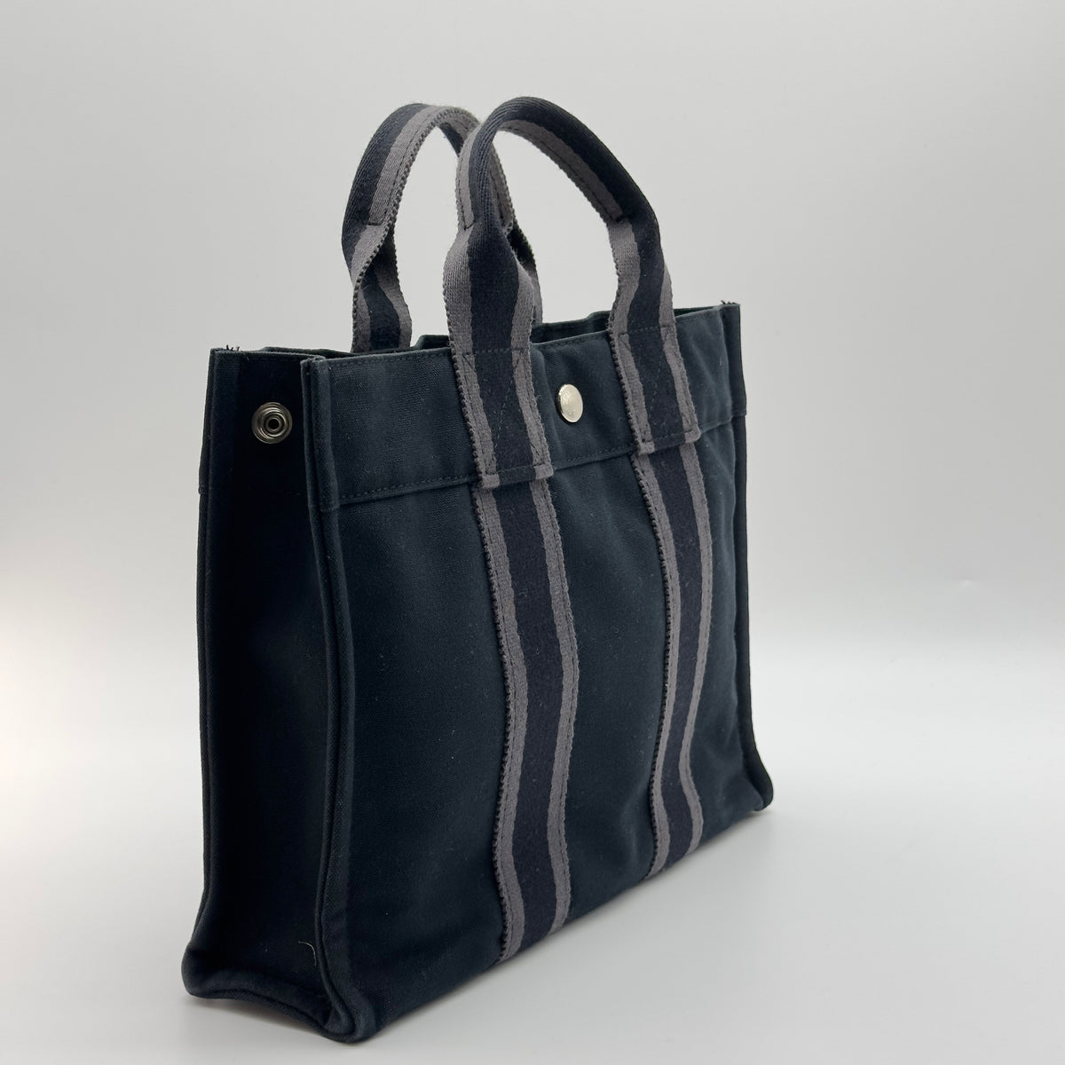 Hermes Striped Canvas Fourre Tout PM Black Tote Bag
