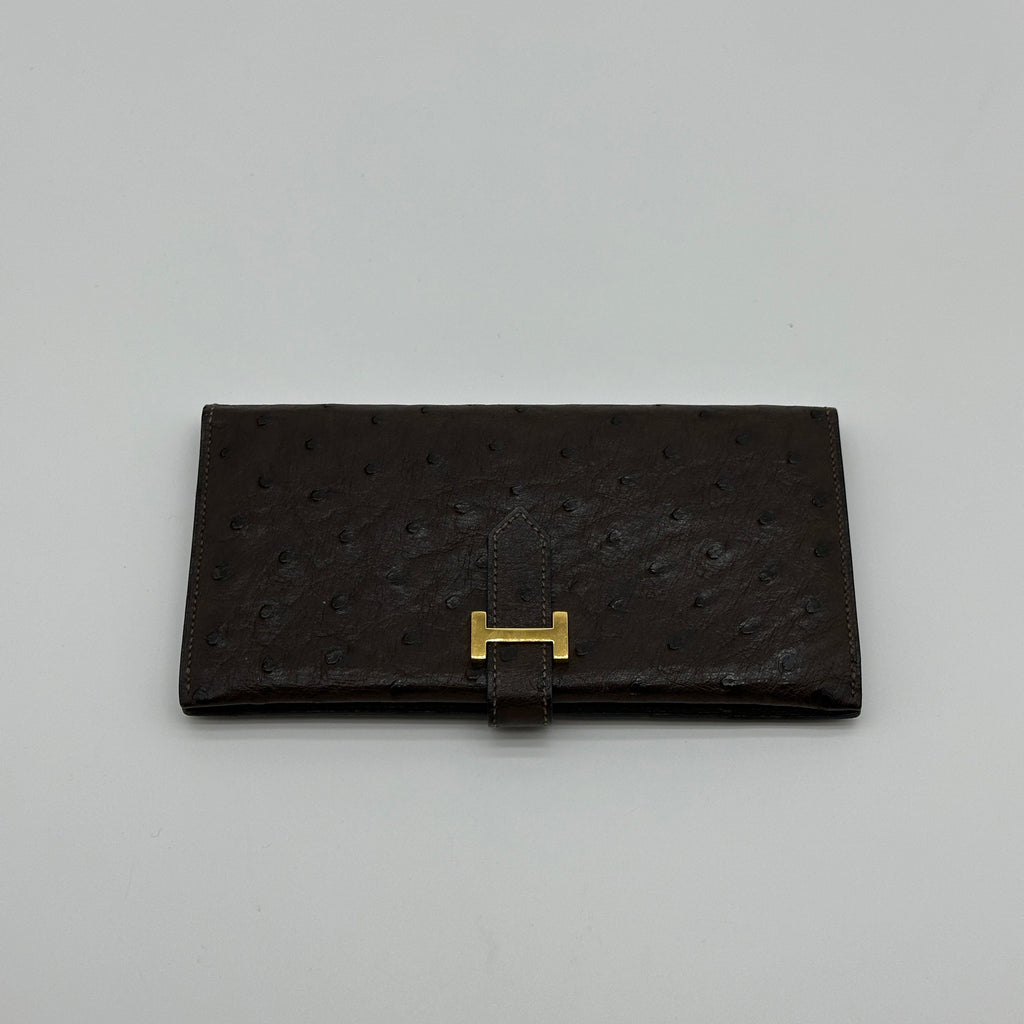 Hermes Ostrich Bearn Classic Brown Long Wallet