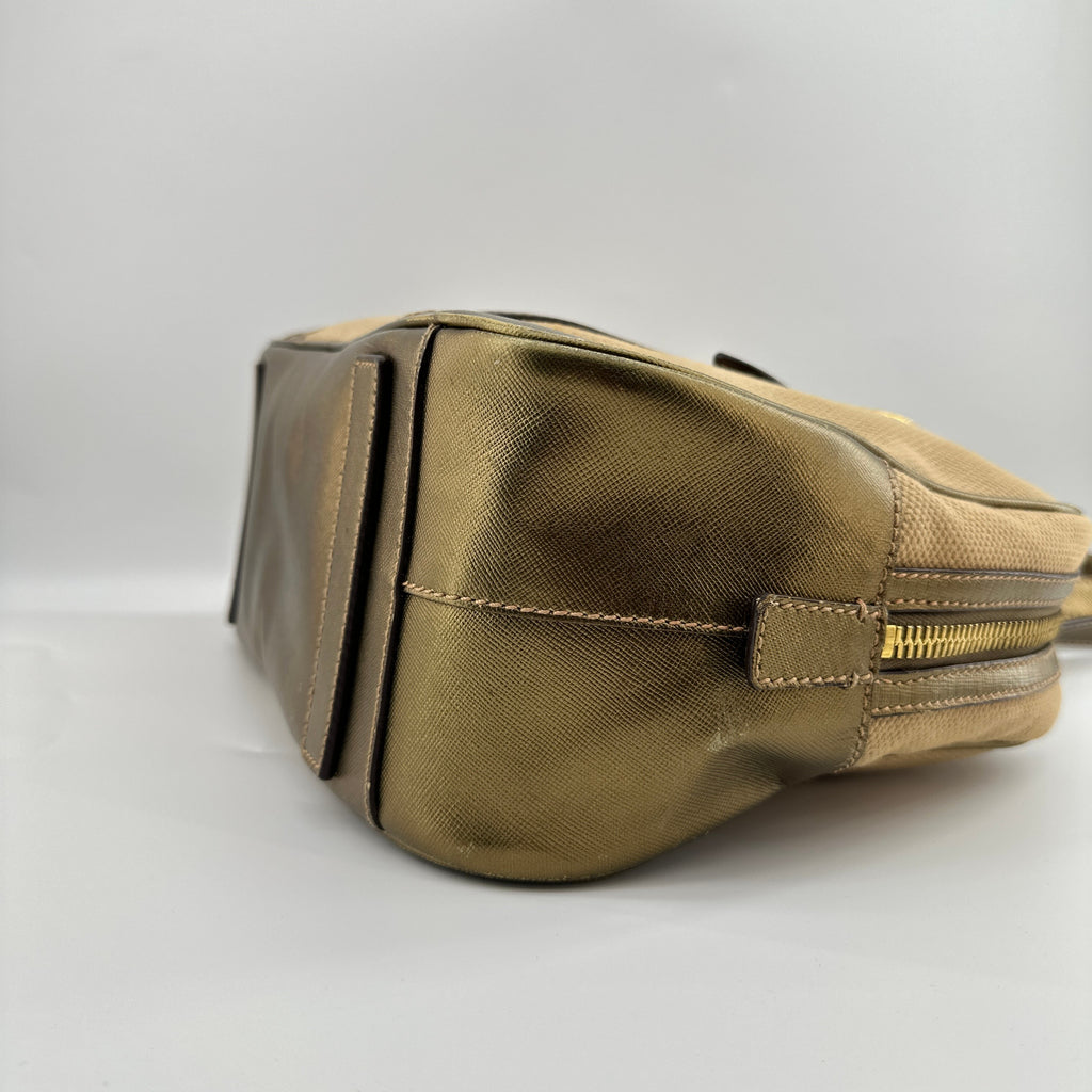 Prada Saffiano Trimmed Gold Bowling Handle Bag Gold Hardware