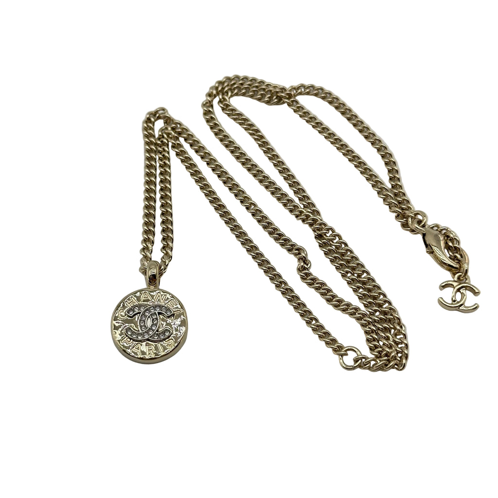 Chanel ABG026 Gold Rhinestone Coco Mark Coin Necklace