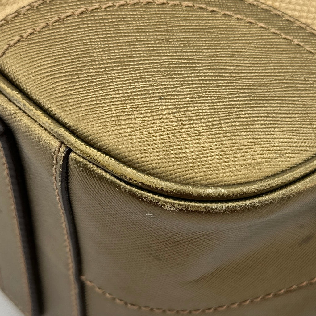 Prada Saffiano Trimmed Gold Bowling Handle Bag Gold Hardware