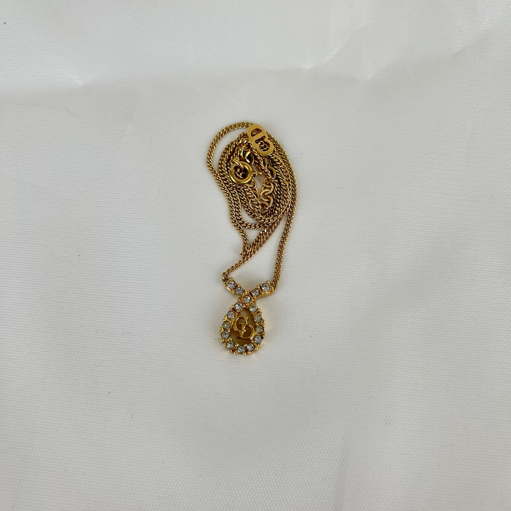 クリスチャン・ディオール Ribbon Motif ネックレス ゴールド カラー GP Rhinestone Pendant ヴィンテージ Jewelry