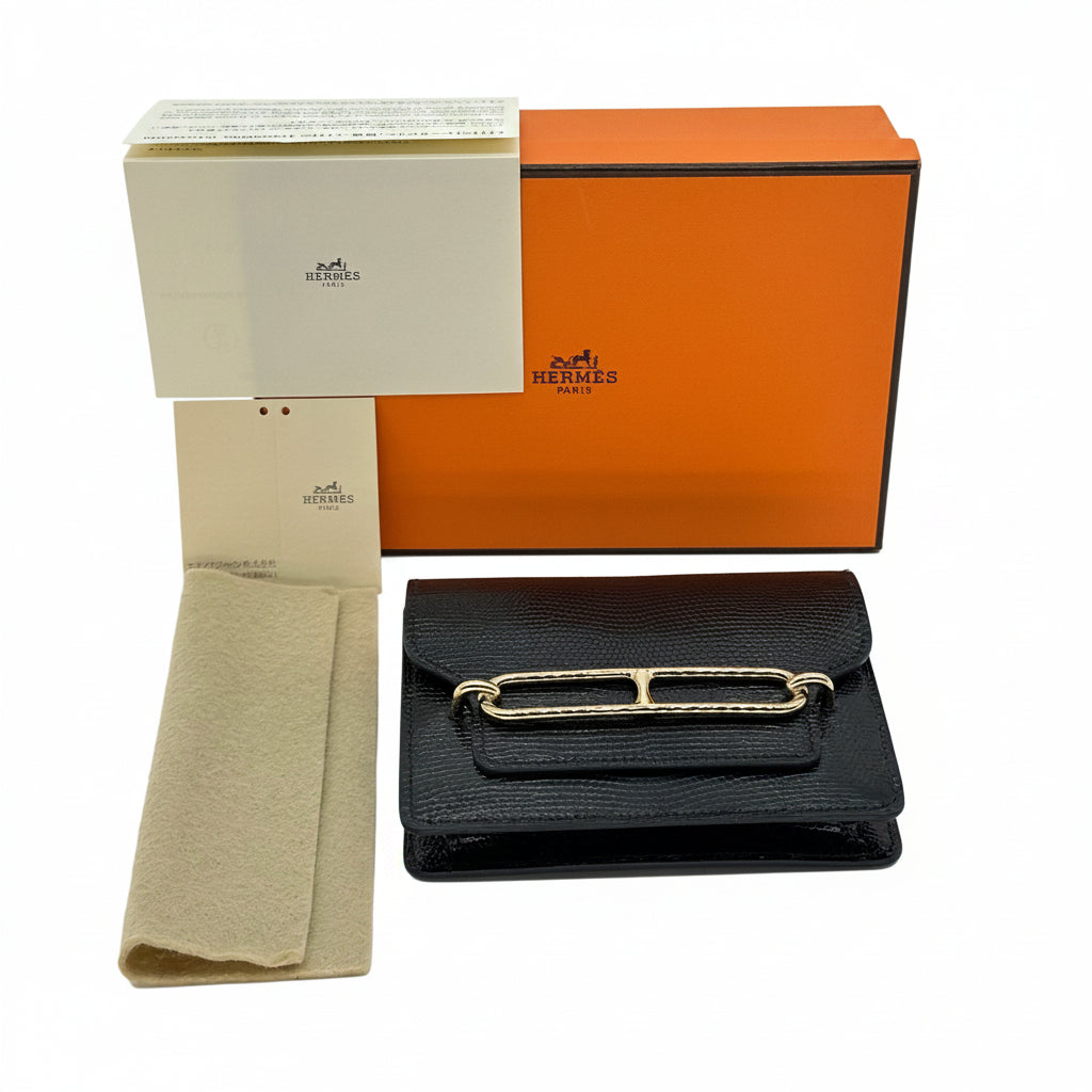 Hermès Roulis Slim Wallet Black Lizard Leather Gold Hardware Stamp D with Precious Leather Certificate No Coin Pocket