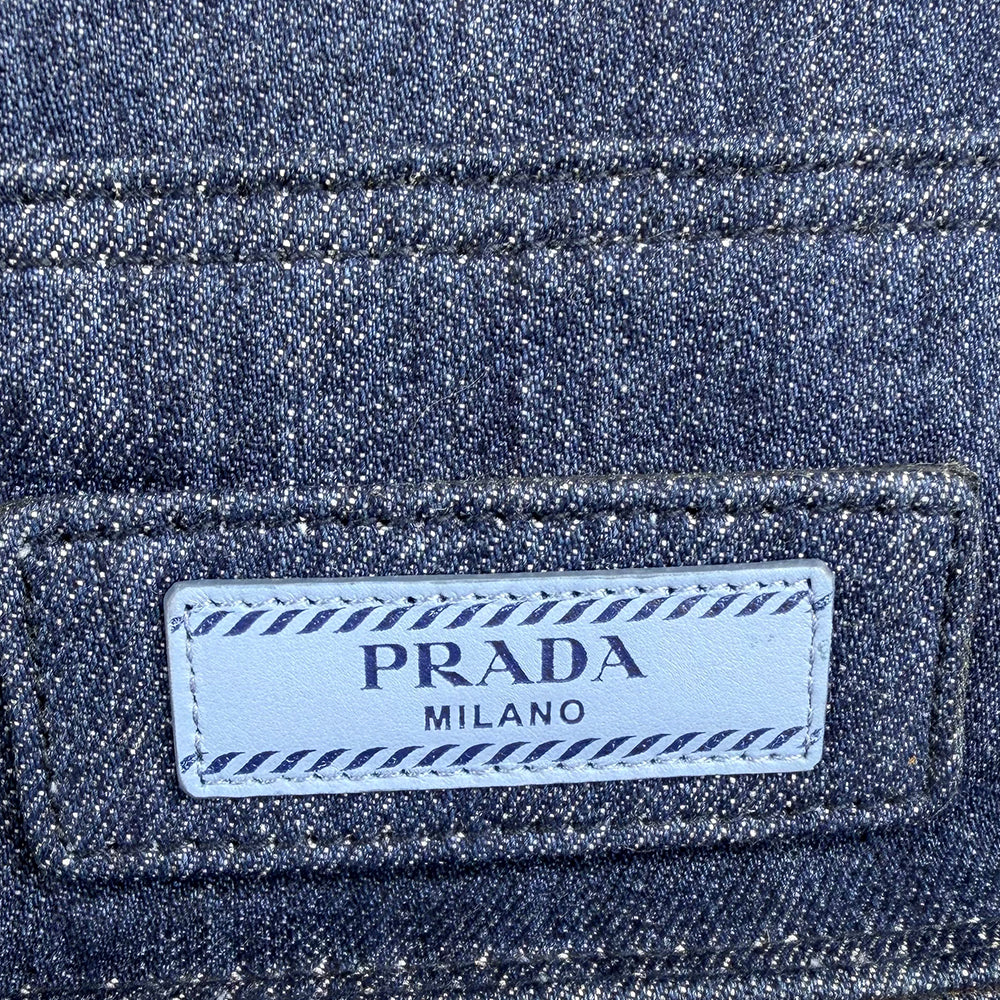 Prada Etiquette Denim Tote Bag Calfskin Leather Strap 2Way Shoulder Bag