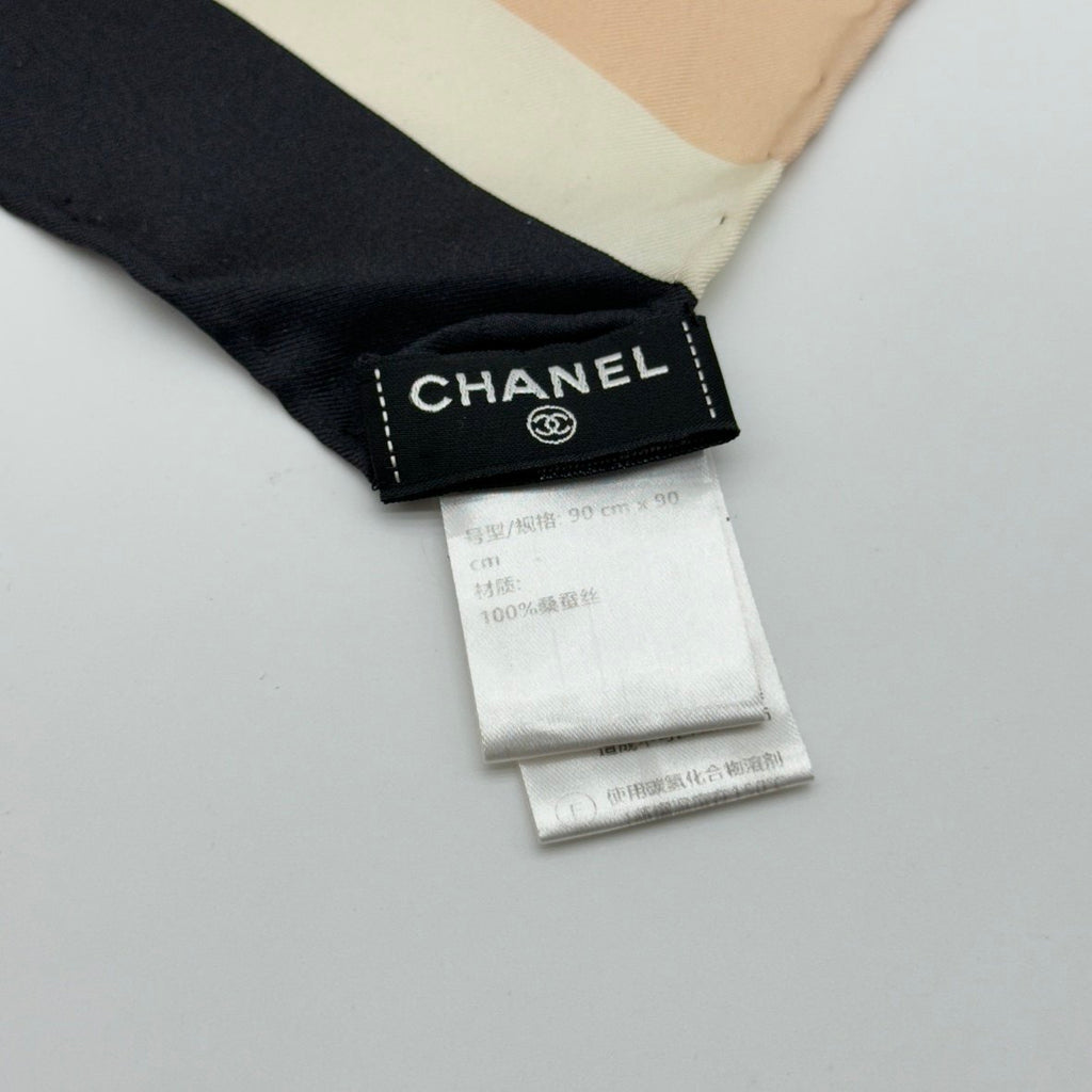 Chanel Paris Labels Print Black Beige Silk Scarf