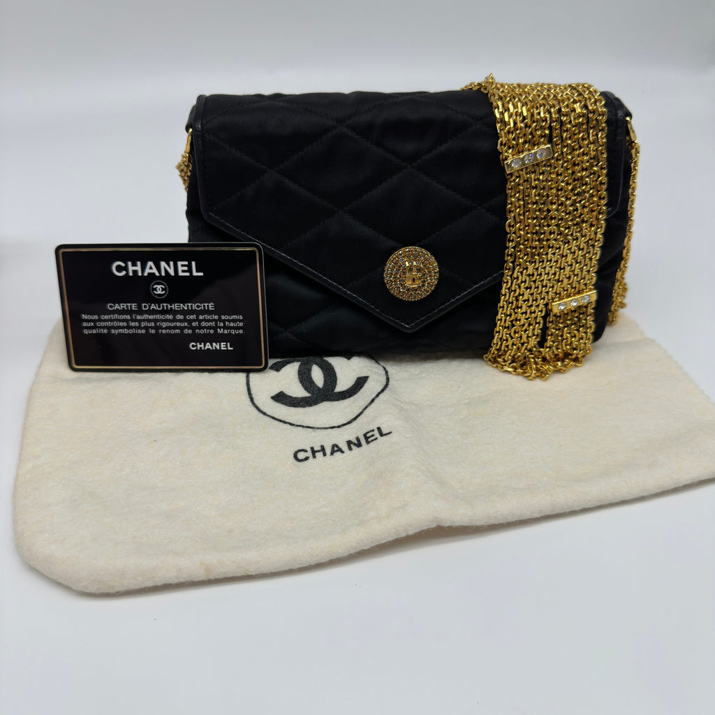 Chanel Matelasse Satin Chain Shoulder Bag Black Gold Metal Fittings