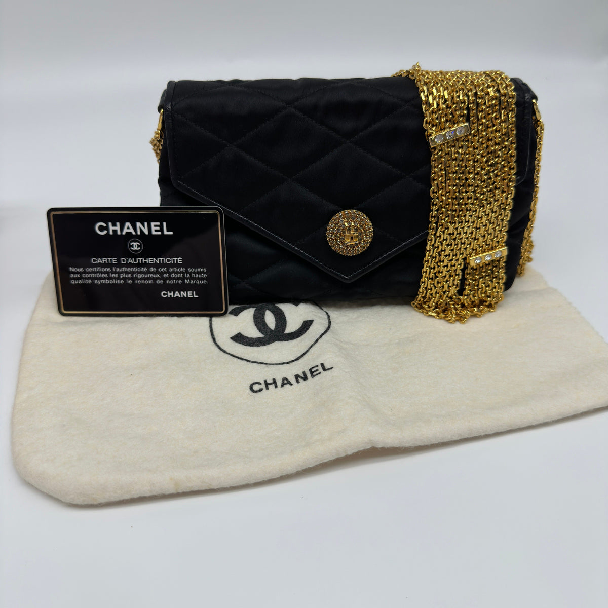 Chanel Matelasse Satin Chain Shoulder Bag Black Gold Metal Fittings