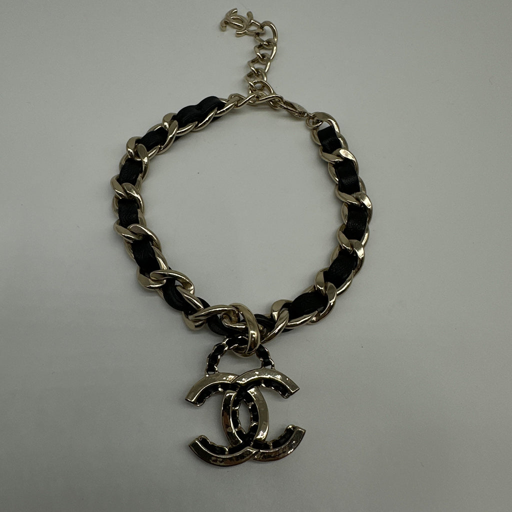 Chanel Gold-Tone Black Leather Woven Chain CC Pendant Necklace