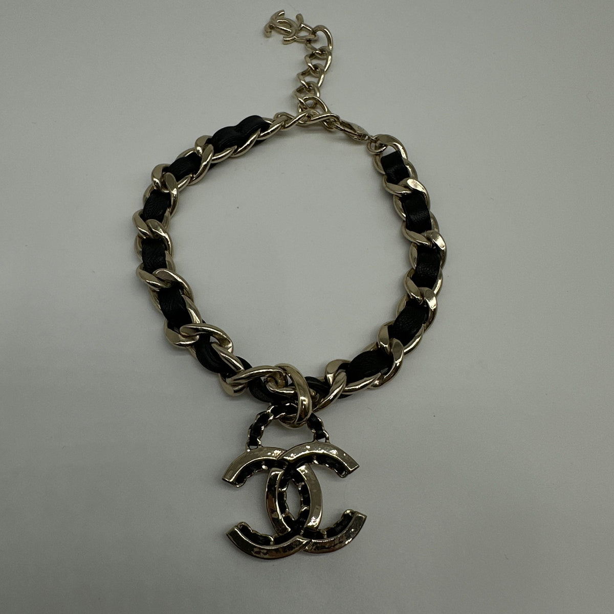 Chanel Gold-Tone Black Leather Woven Chain CC Pendant Necklace