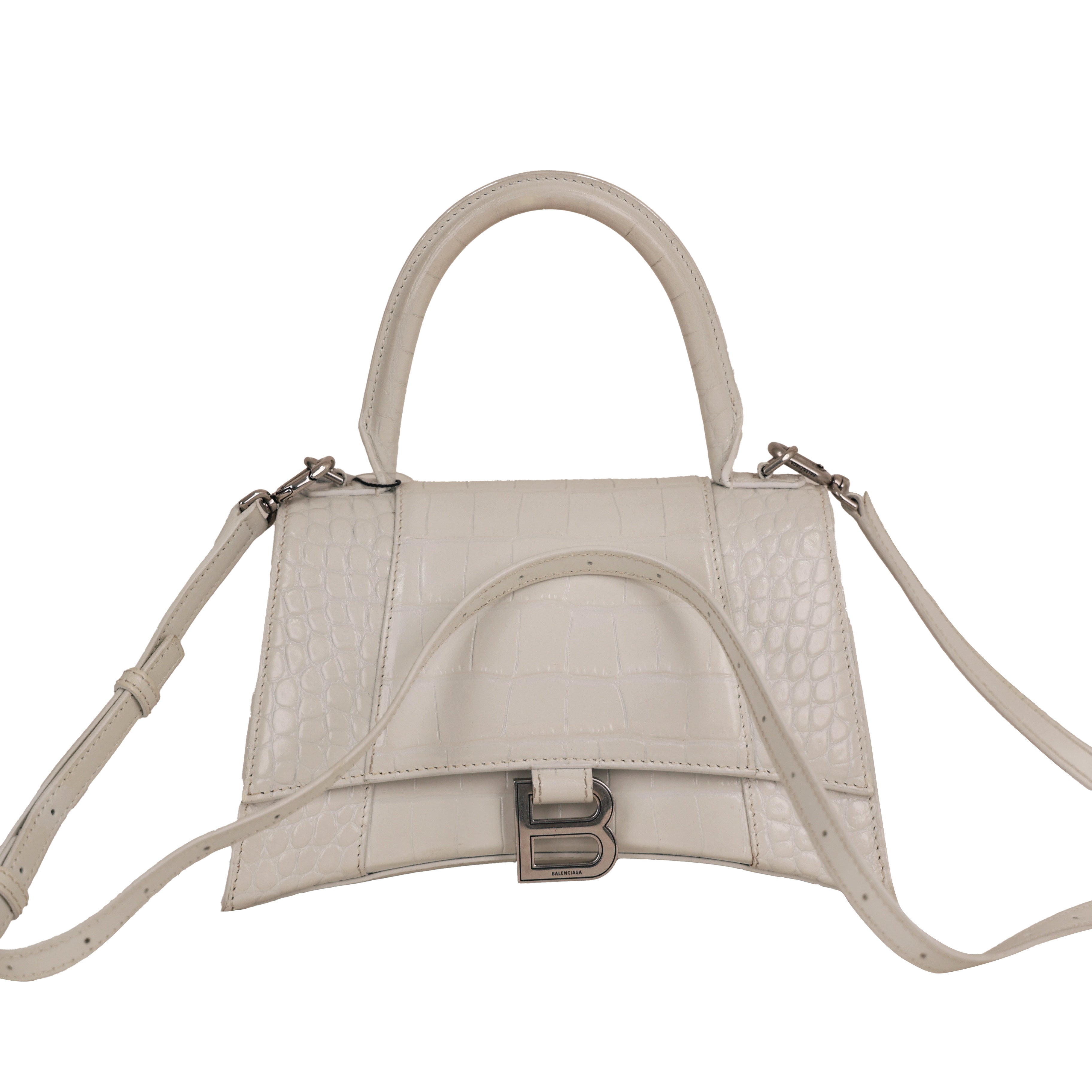 White Croc Embossed Leather Small Hourglass Top Handle Bag w/ Strap
