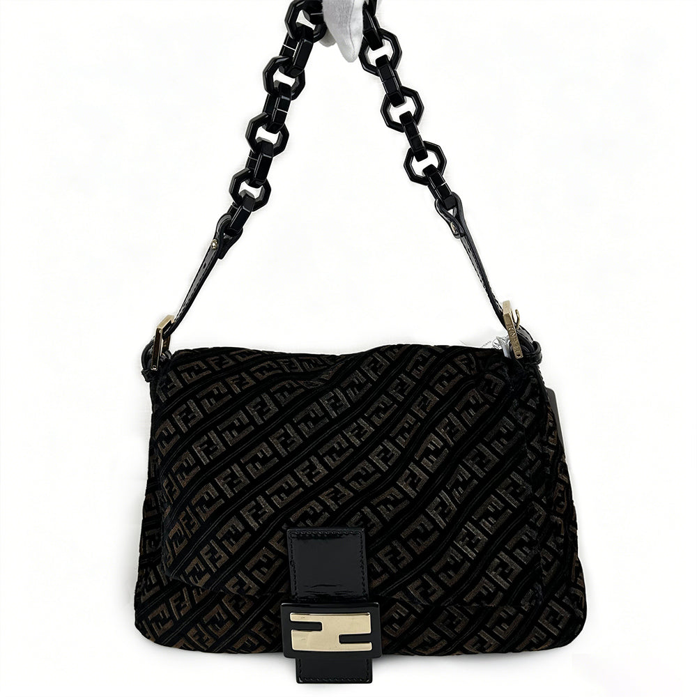 Fendi Black Velvet Baguette Bag Gold Hardware Acrylic Chain