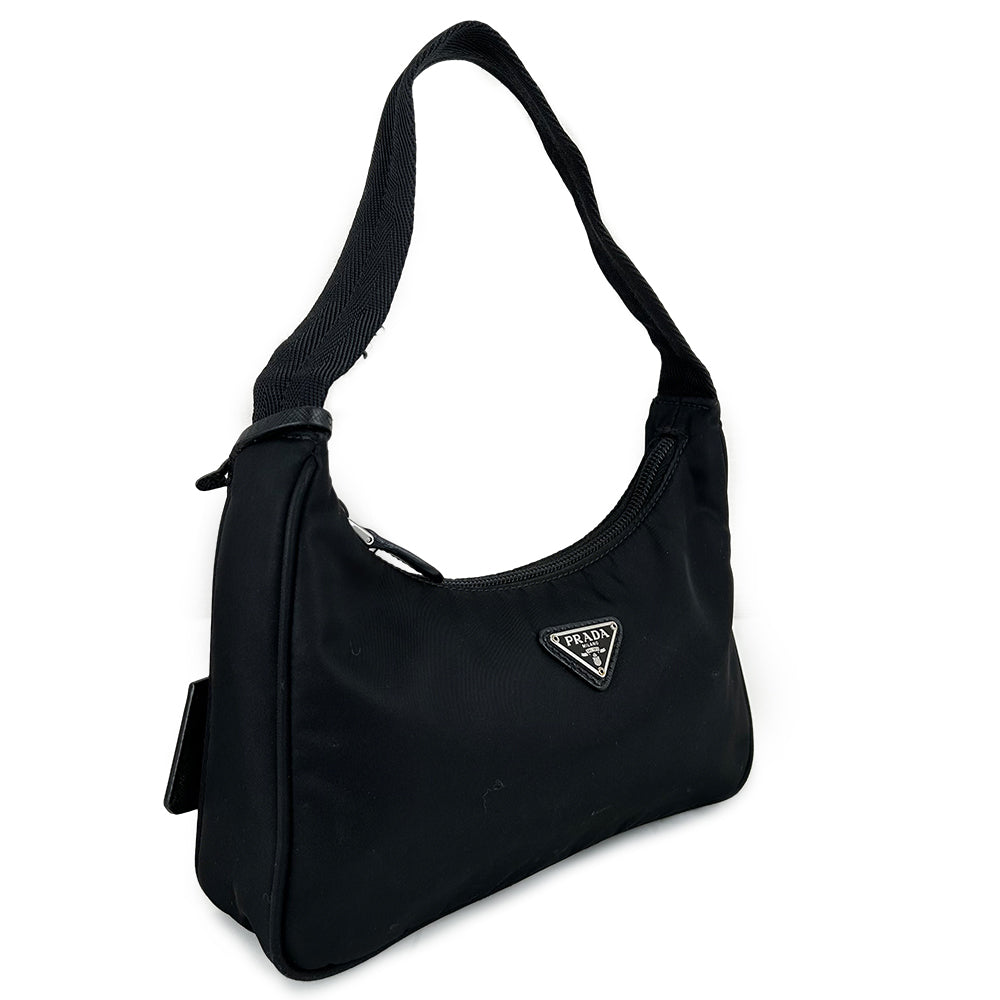 Prada Nylon Hobo Shoulder Bag Black Silver Triangle Logo Top Handle Bag