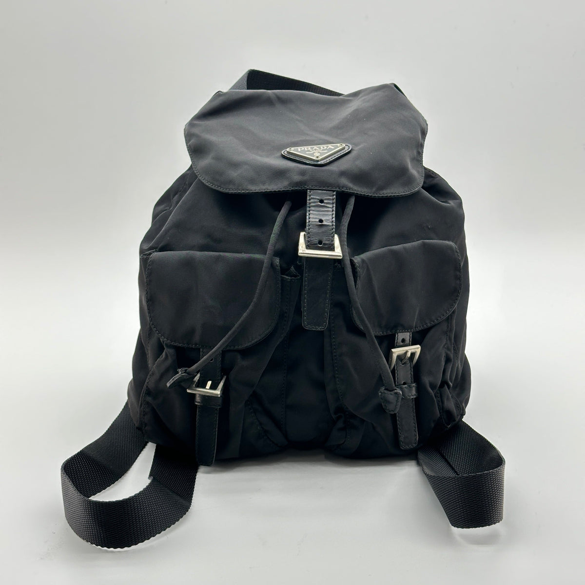 Prada Nylon Women's Backpack Black Triangle Logo Silver Hardware