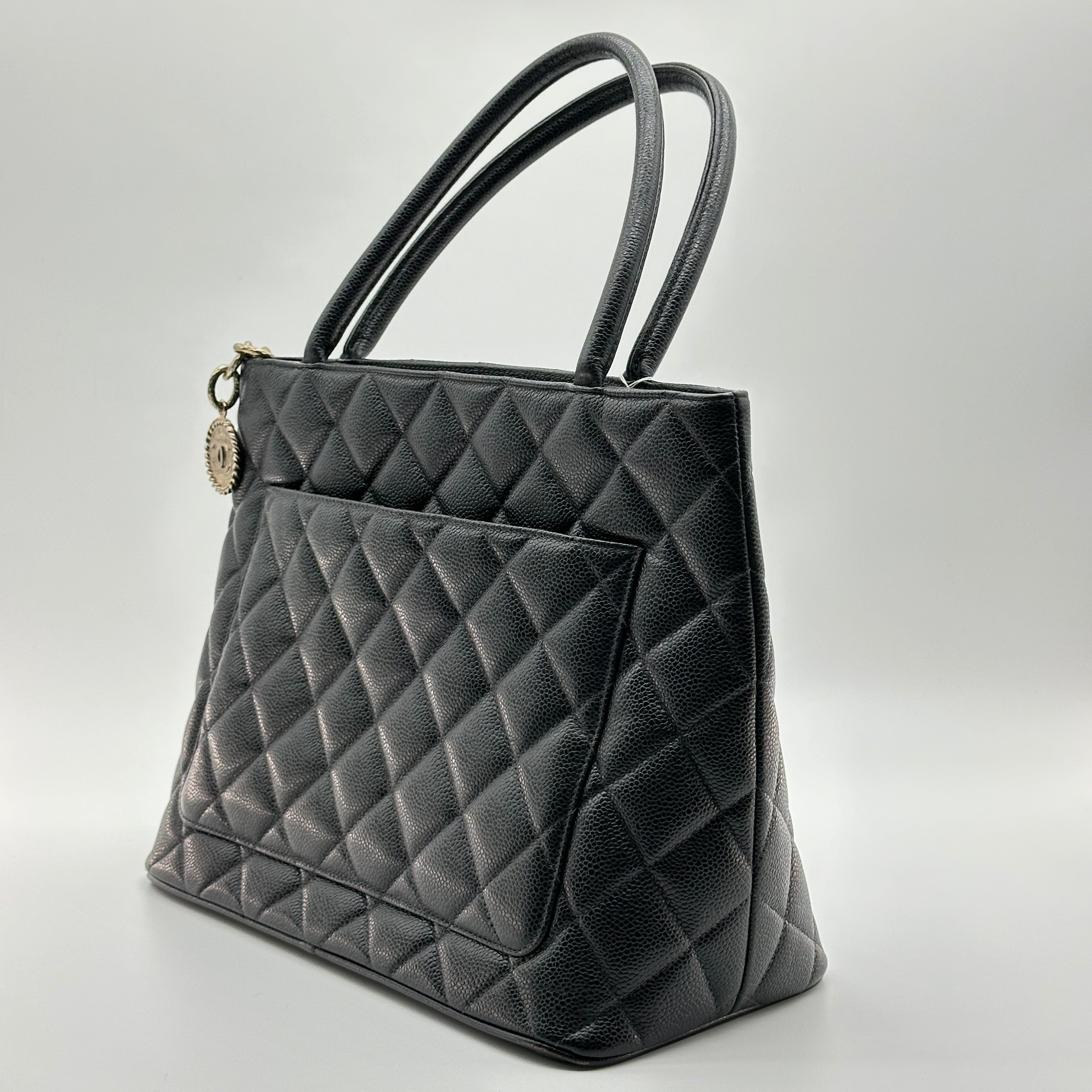 chanel black quilted caviar leather medallion tote bag