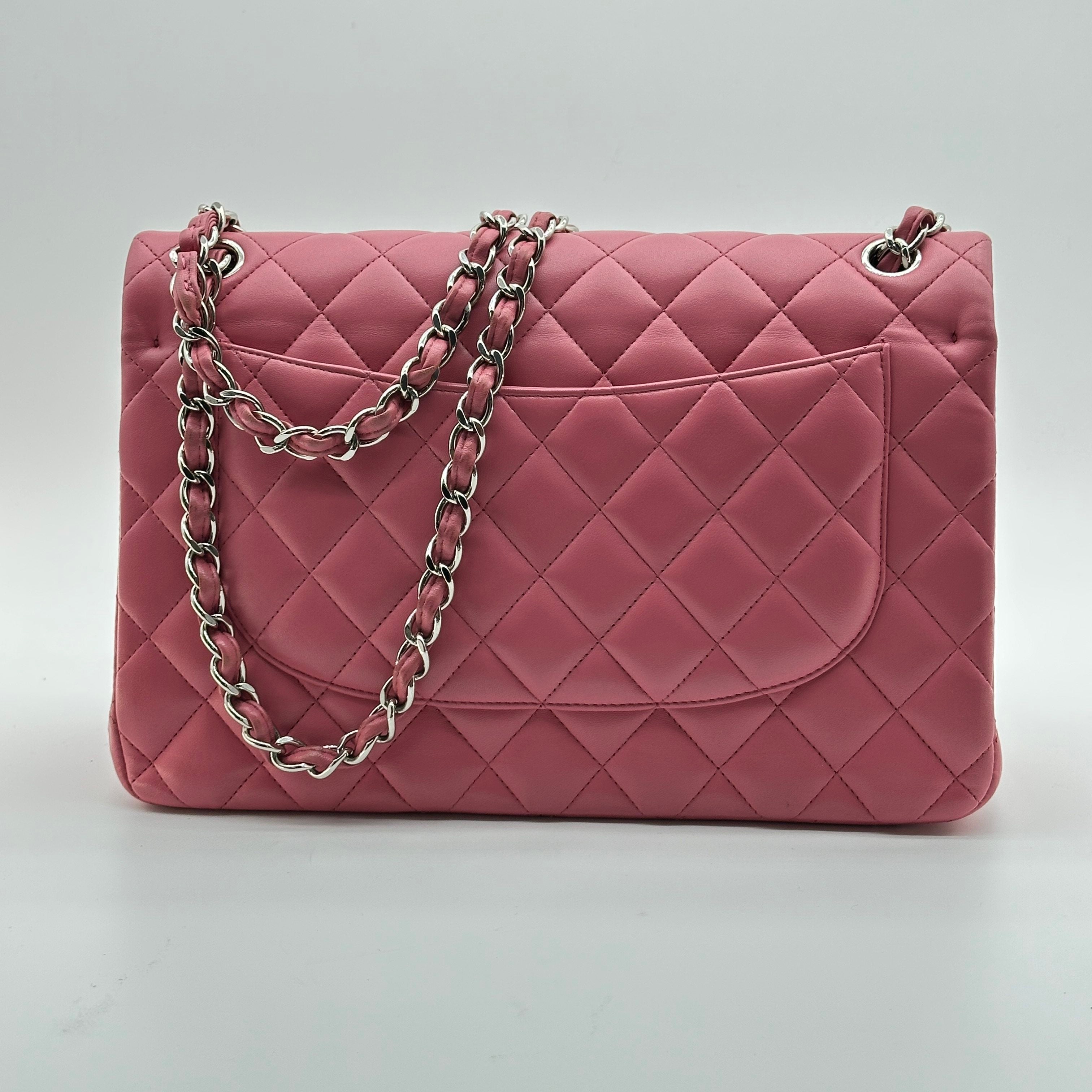 chanel lambskin pink leather classic flap bag  Jumbo Double Flap crossbody