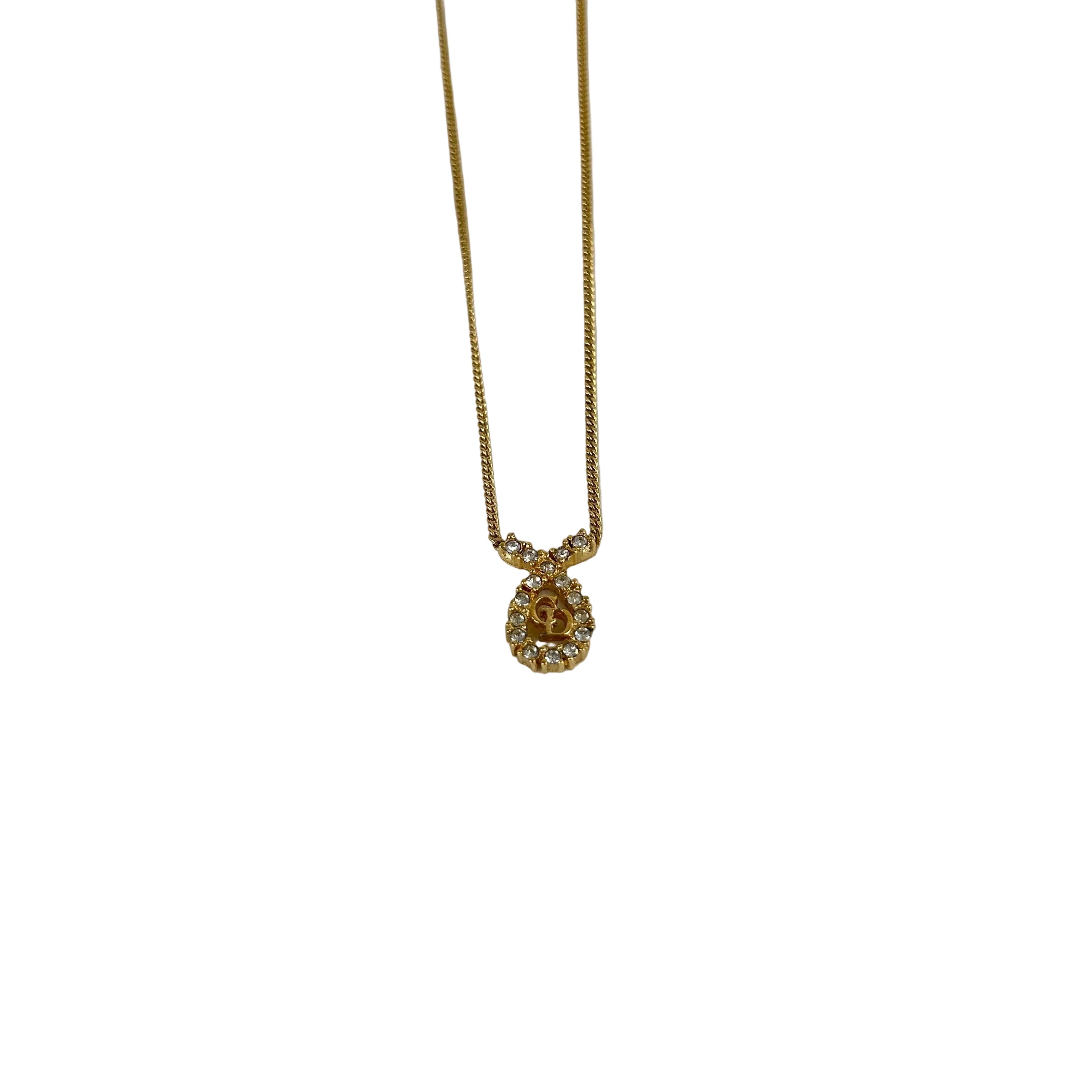 Christian Dior Ribbon Motif Necklace Gold Tone GP Rhinestone Pendant Vintage Jewelry