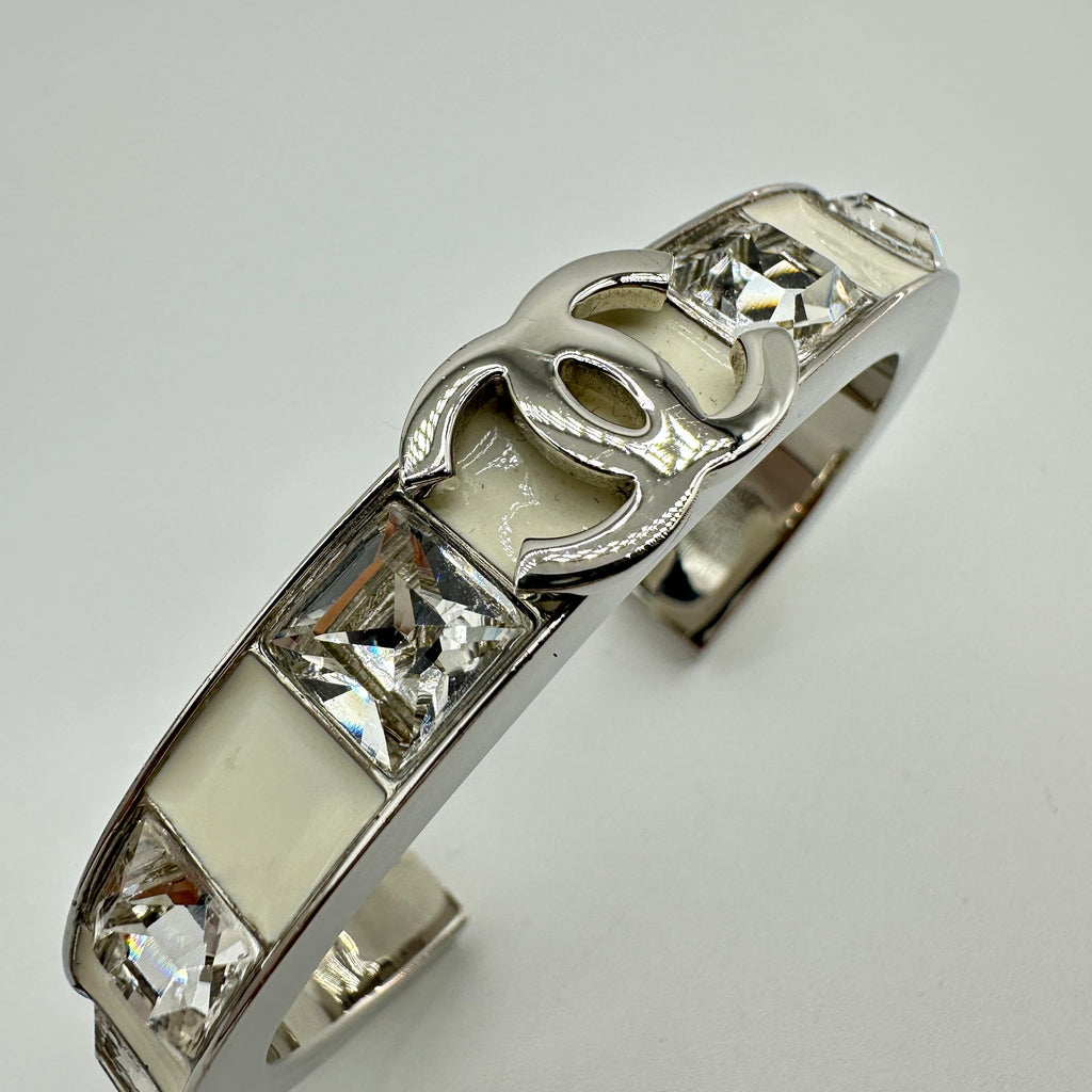 Chanel Silver White Enamel Crystal Coco Mark Bangle Bracelet