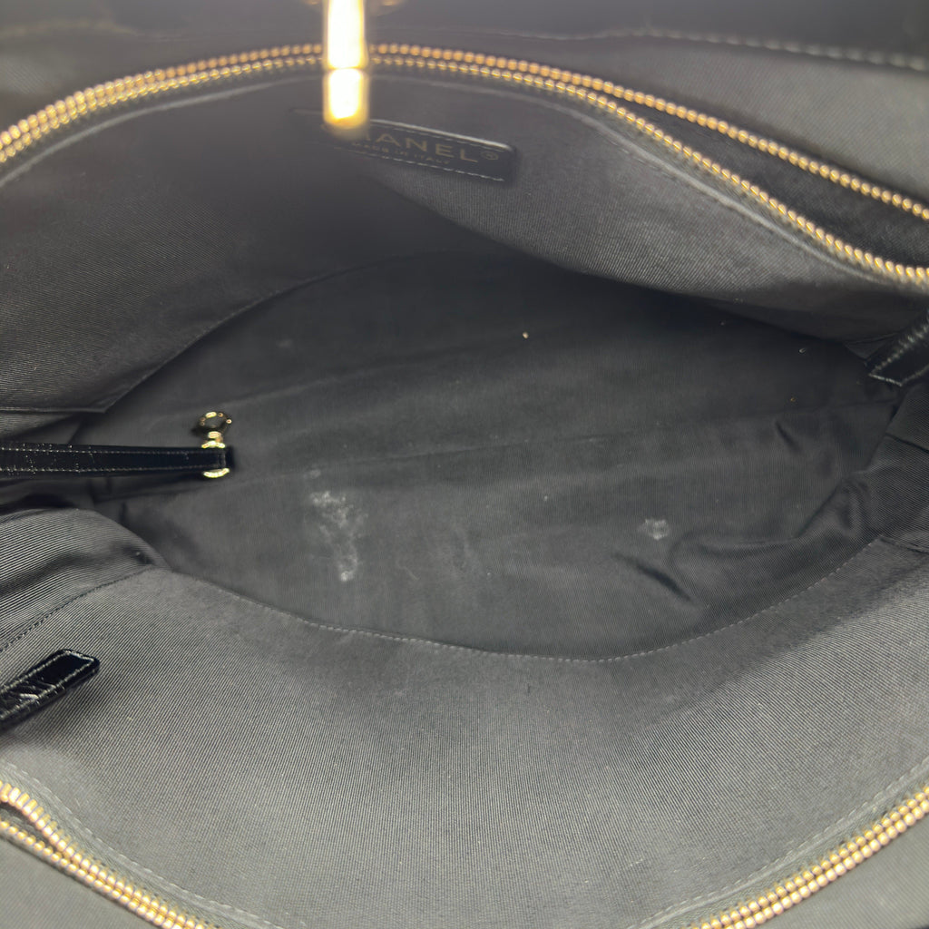 Chanel Quilted Beige Black Leather Trim Shoulder Tote Bag