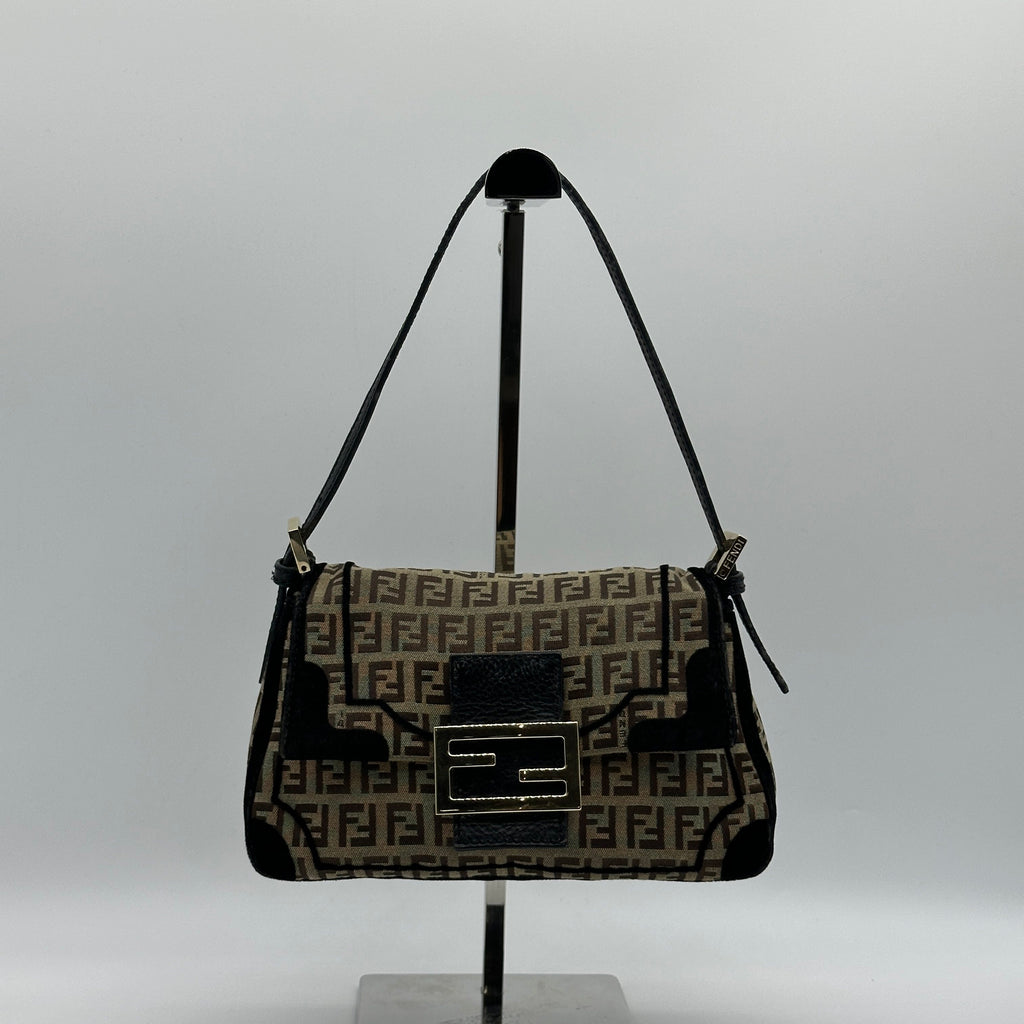 Fendi Zucchino Canvas Mamma Baguette Brown Shoulder Bag