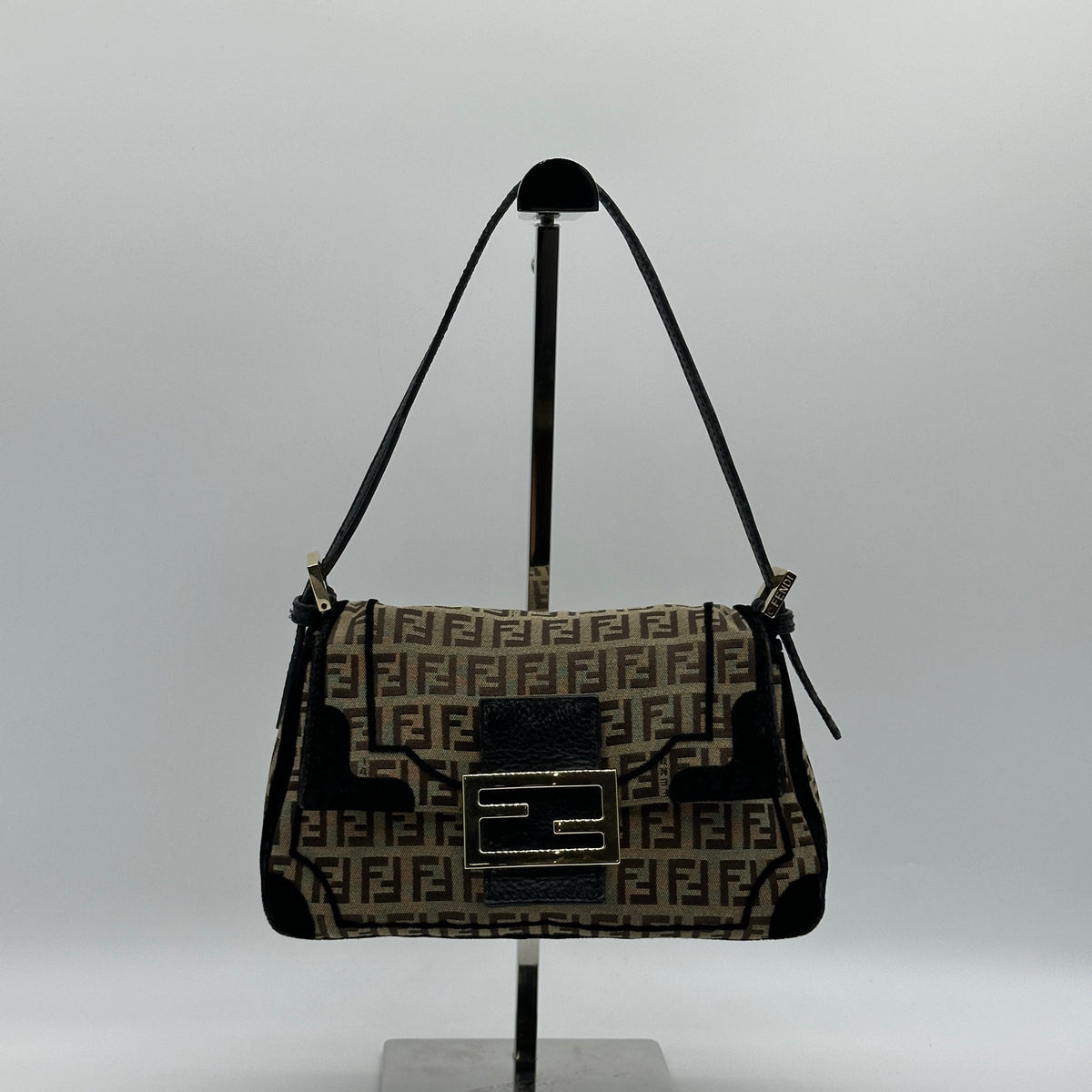 Fendi Zucchino Canvas Mamma Baguette Brown Shoulder Bag