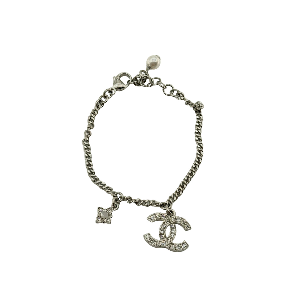 Chanel Metal Rhinestone and Faux Pearl CC Logo C22P One Size Silver Charm Bracelet