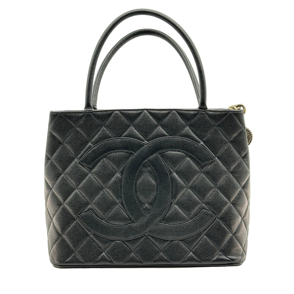 chanel black quilted caviar leather medallion tote bag