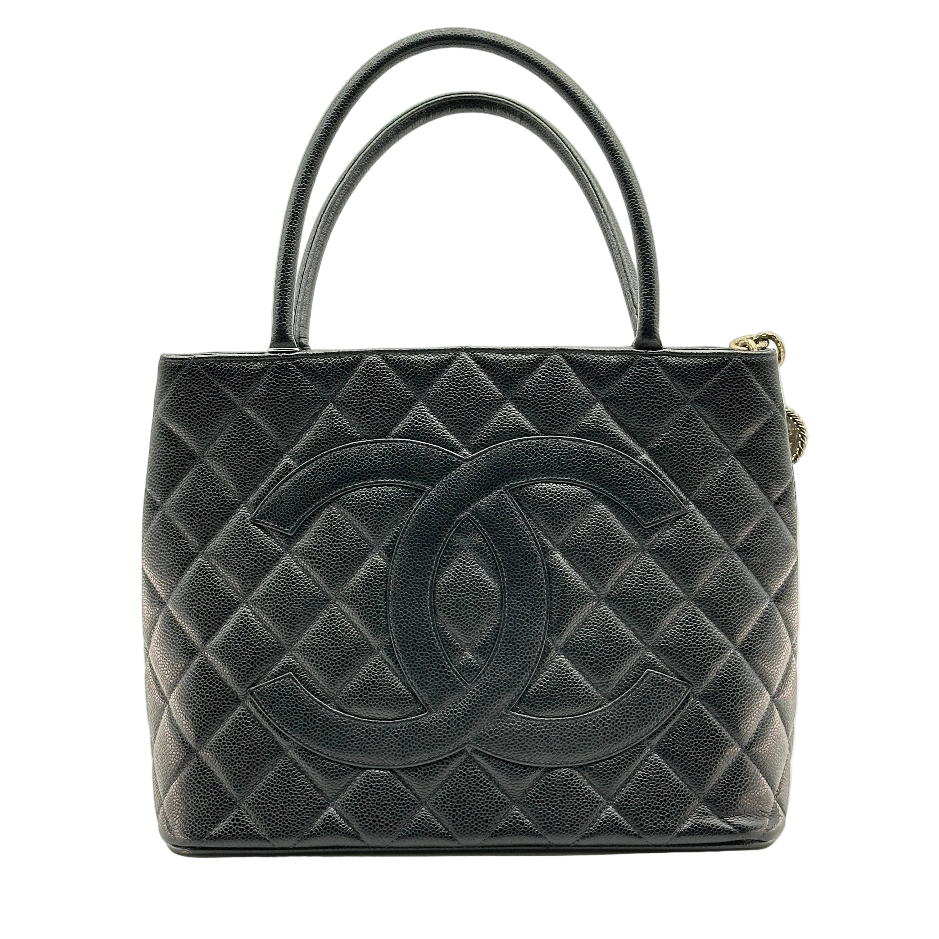 chanel black quilted caviar leather medallion tote bag