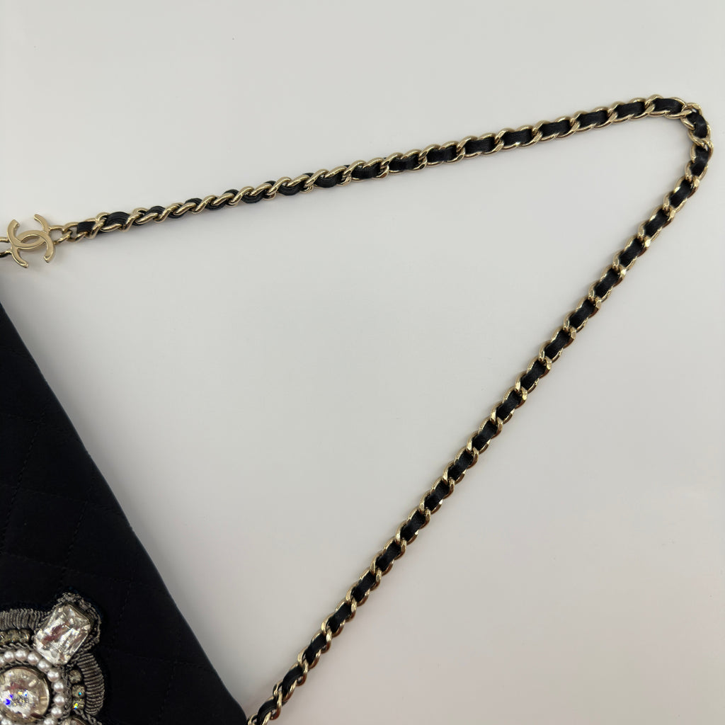 CHANEL Pearl Bijou Black Satin Rhinestone Embellished  Shoulder Bag Evening Bag 10XXXXXX