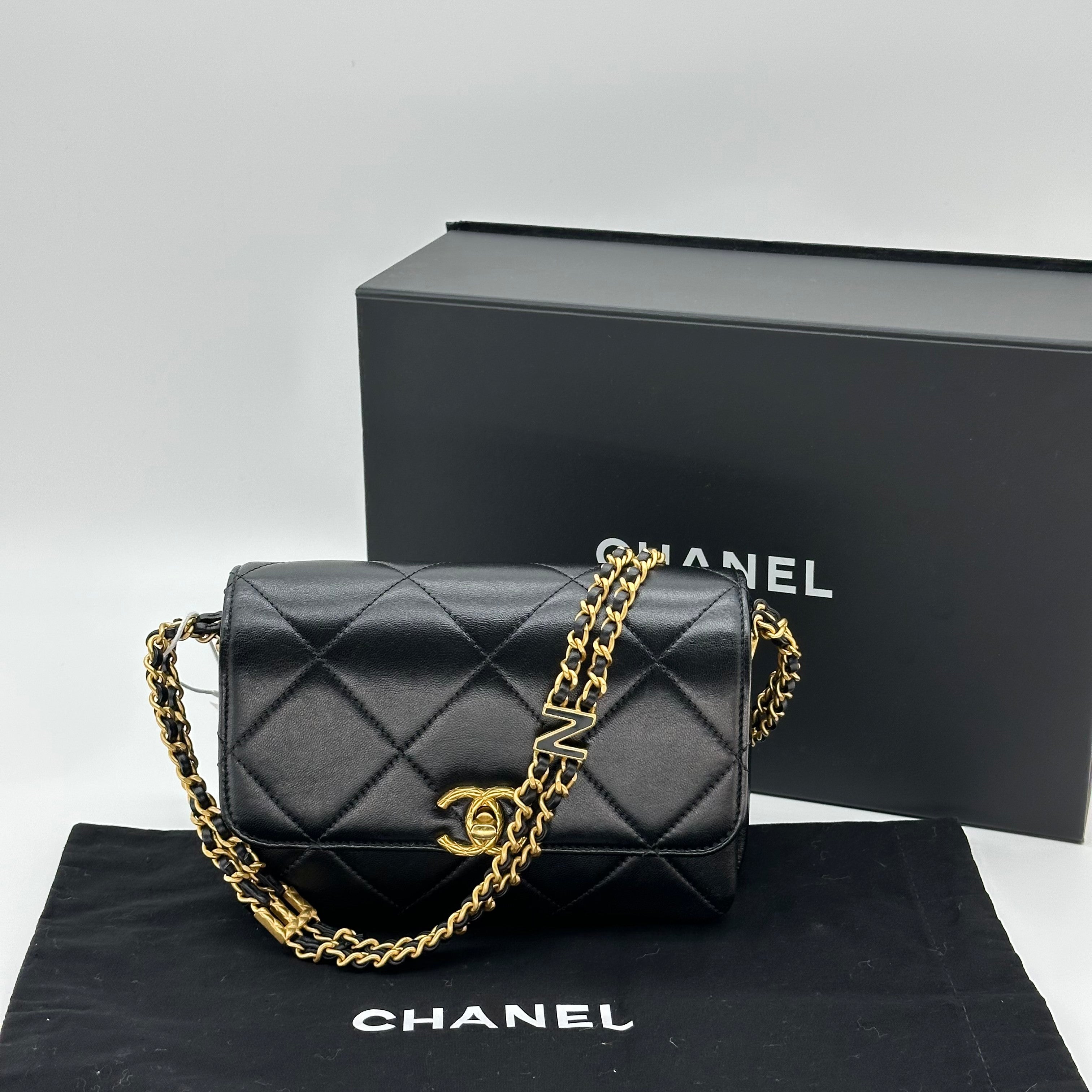 Chanel 24S Lambskin Double Chain Square Flap Bag Enamel Coco Logo Black Gold Hardware RFID