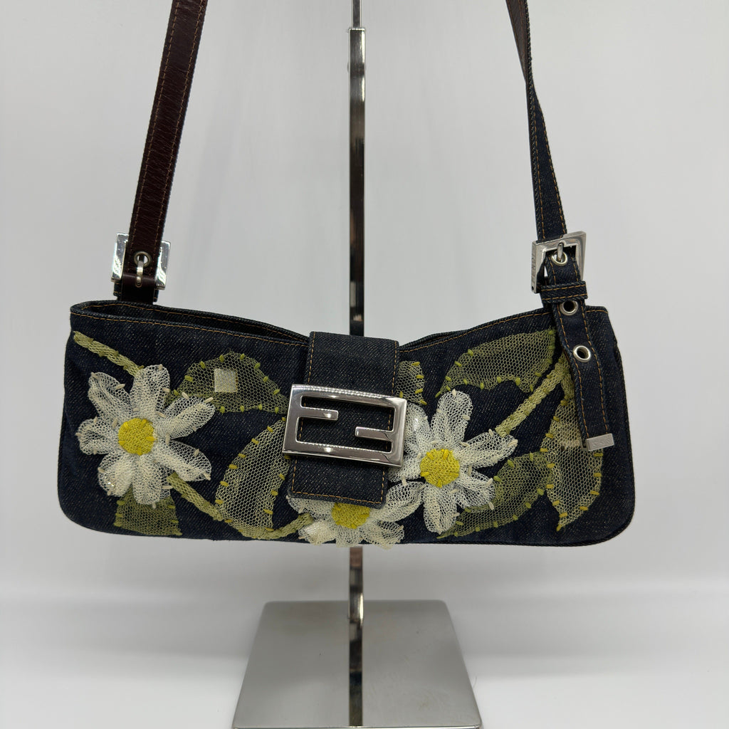 Fendi Floral Embroidered Canvas Mamma Baguette Black Shoulder Bag
