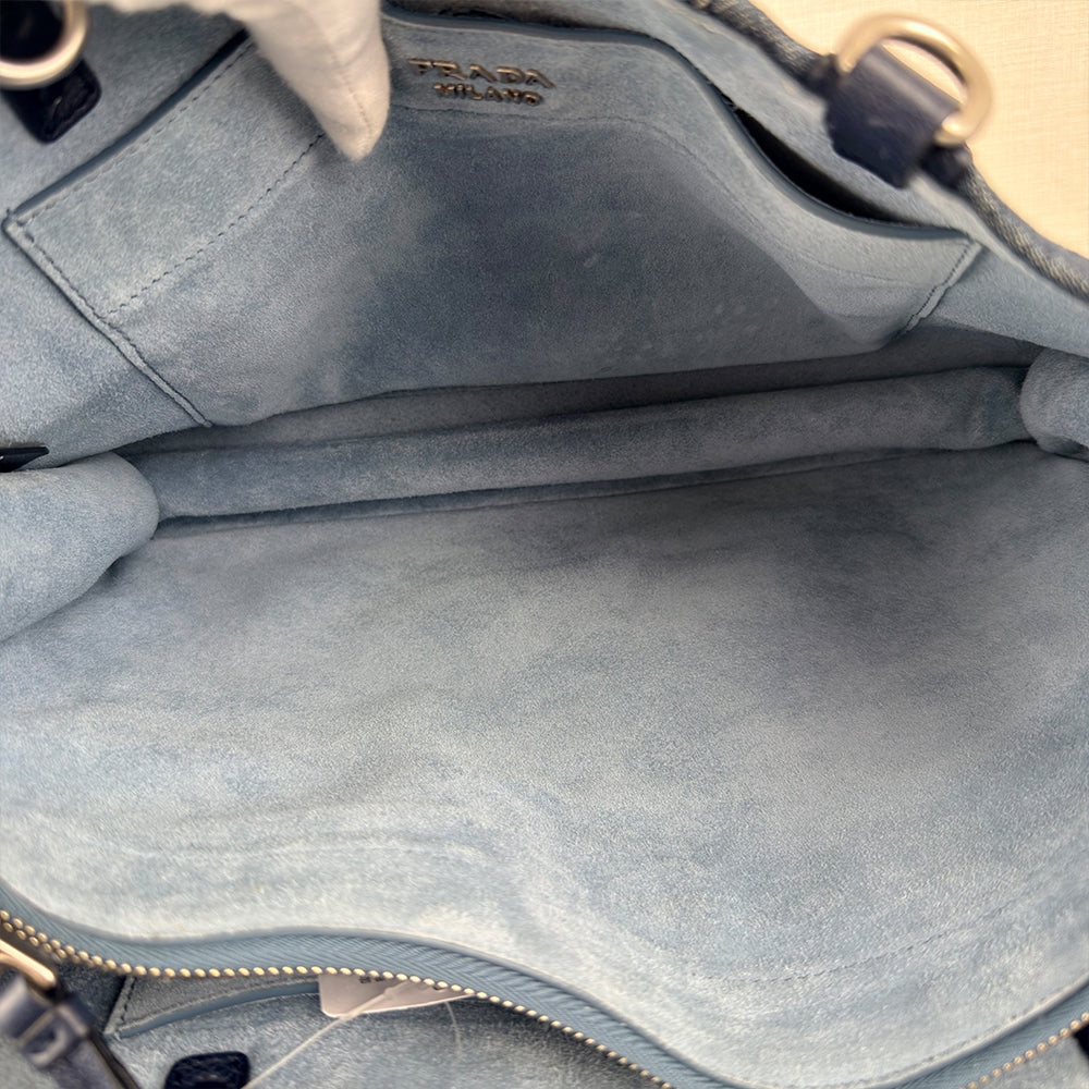 Prada Etiquette Denim Tote Bag Calfskin Leather Strap 2Way Shoulder Bag