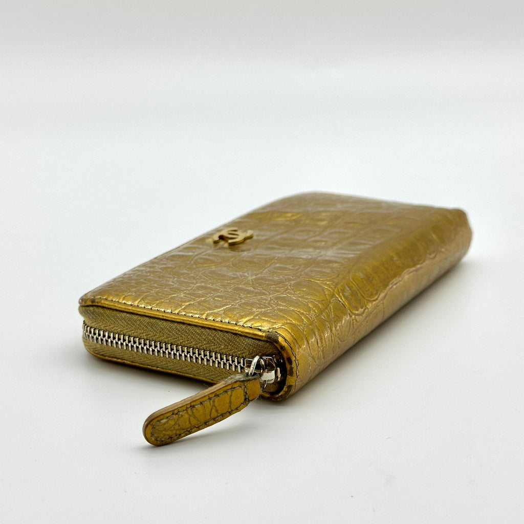 Chanel Crocodile Leather Coco Mark Gold Zip-Around Wallet