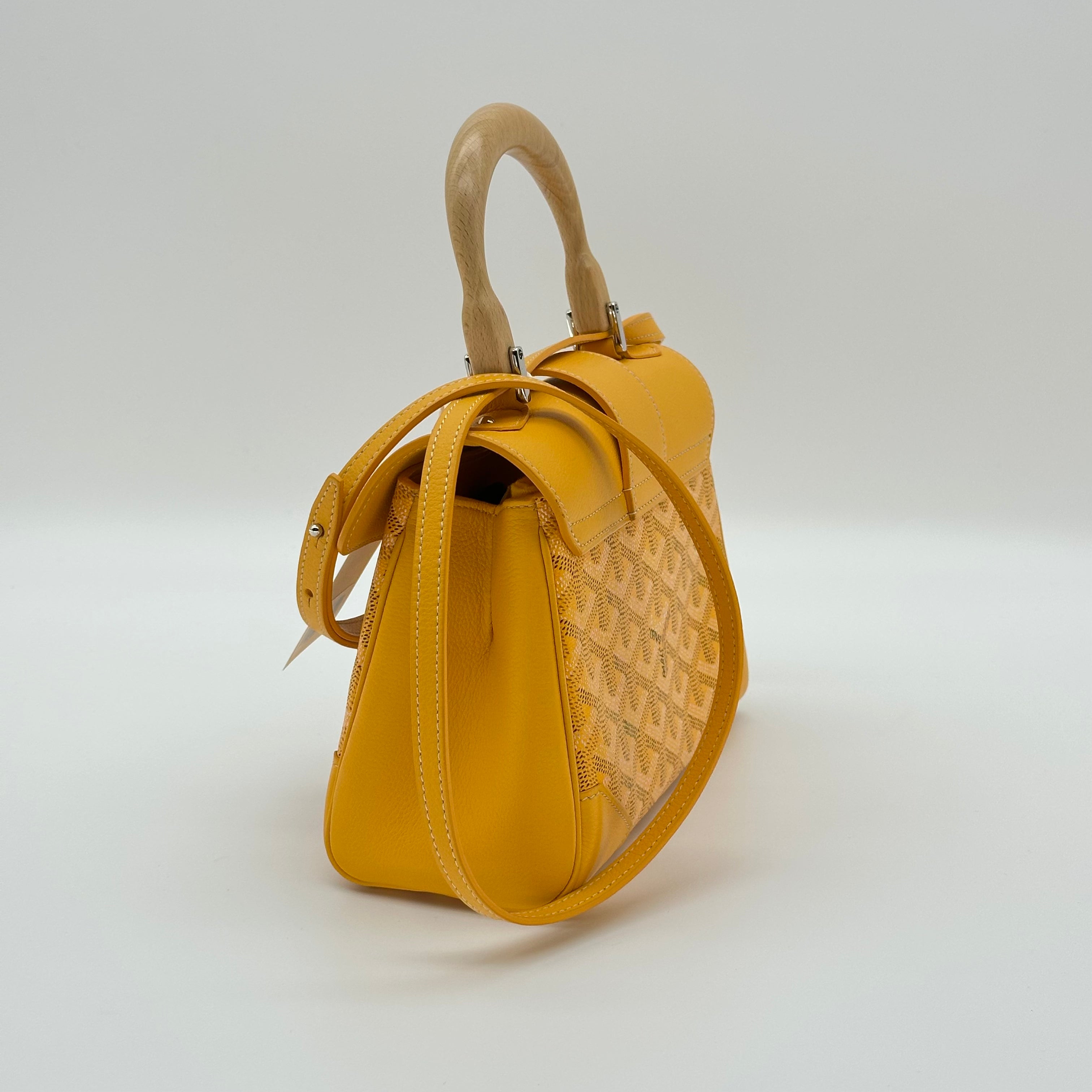 Goyard Saigon Mini Soft Wooden Handle Handbag Canvas and Leather 2-Way Shoulder Bag Yellow