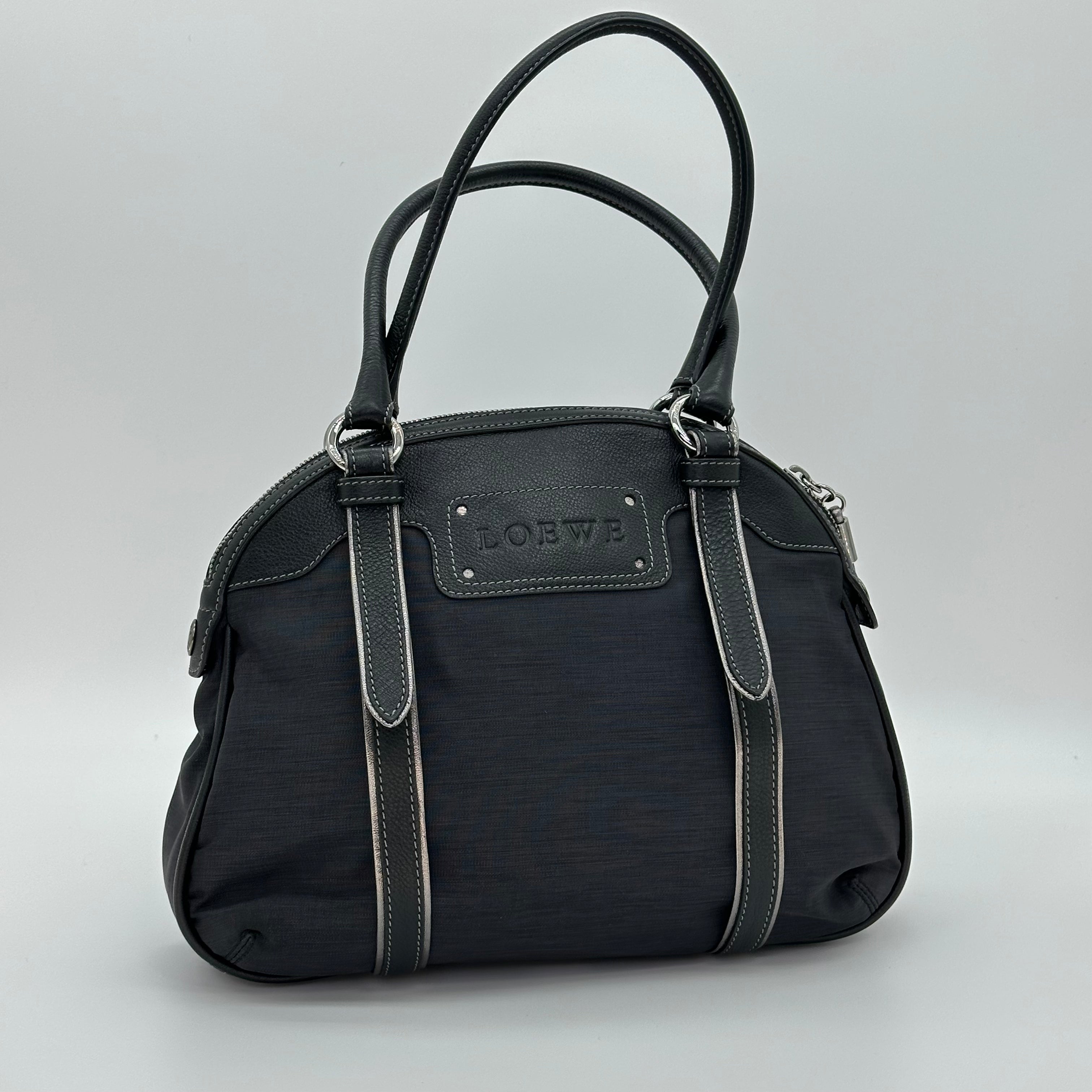 LOEWE Handbag Leather Nylon Black Silver Hardware