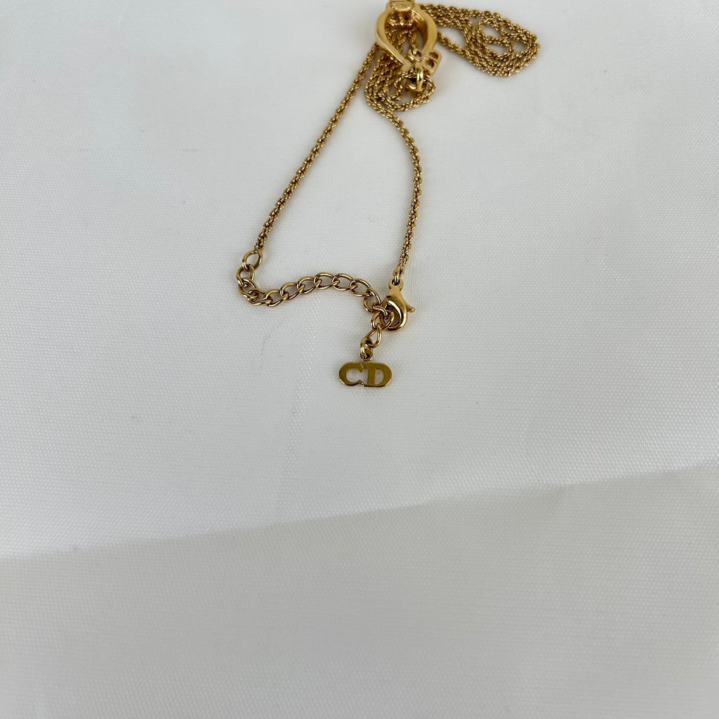 Christian Dior CD Logo Drop Motif Necklace Gold Tone GP Plated Rhinestone