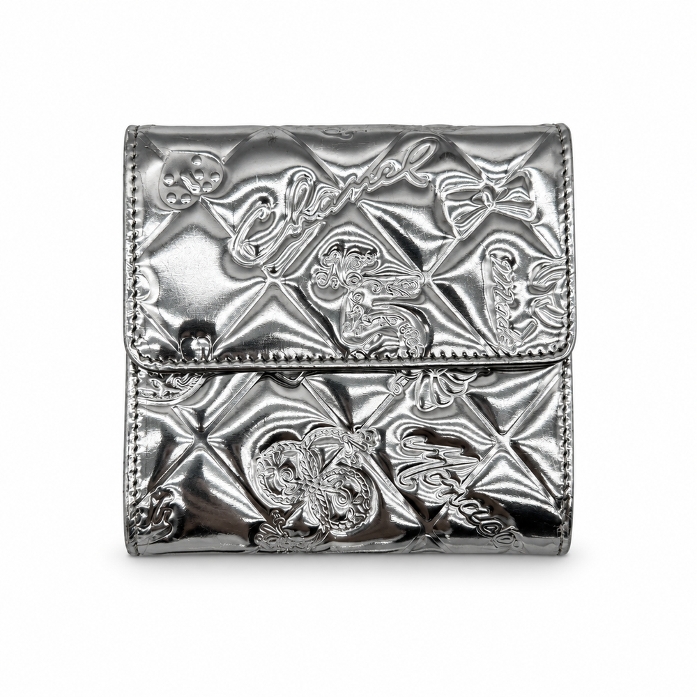Chanel Icon Line Embossed Leather Metallic Silver Trifold Wallet