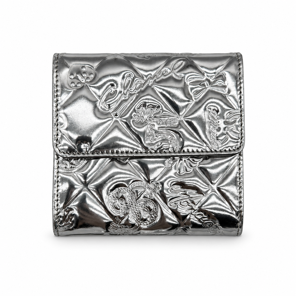 Chanel Icon Line Embossed Leather Metallic Silver Trifold Wallet