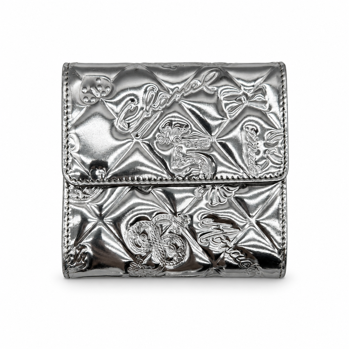 Chanel Icon Line Embossed Leather Metallic Silver Trifold Wallet