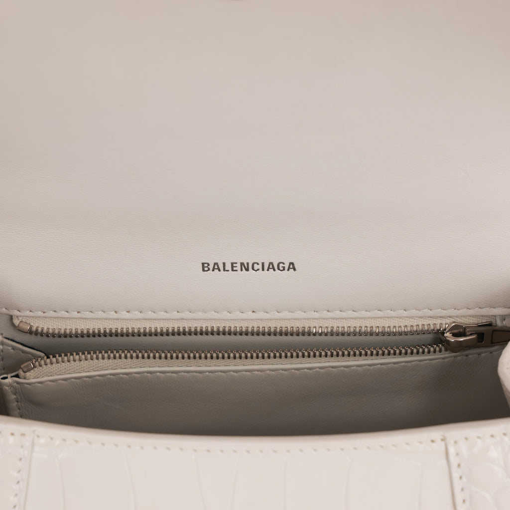 White Croc Embossed Leather Small Hourglass Top Handle Bag w/ Strap
