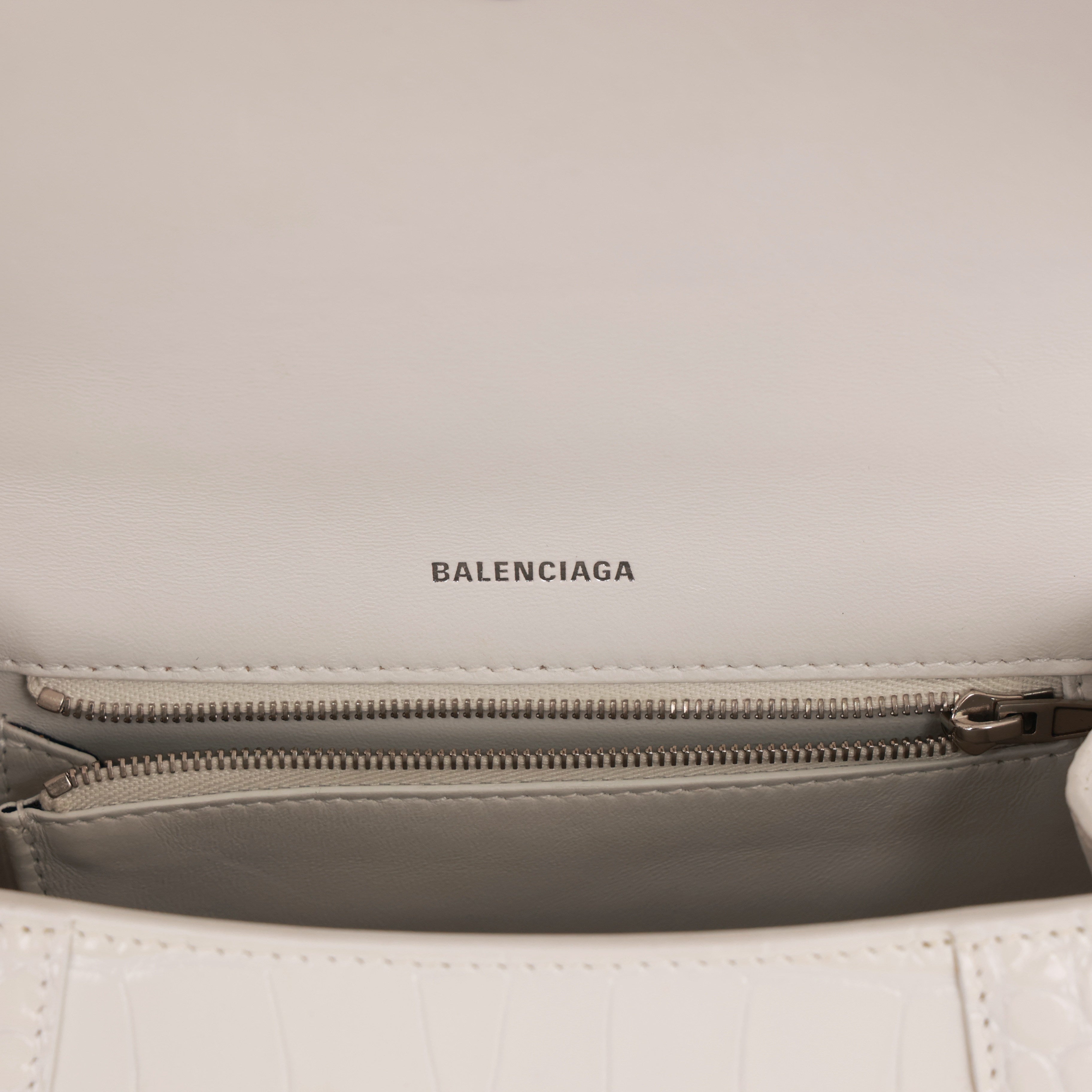White Croc Embossed Leather Small Hourglass Top Handle Bag w/ Strap