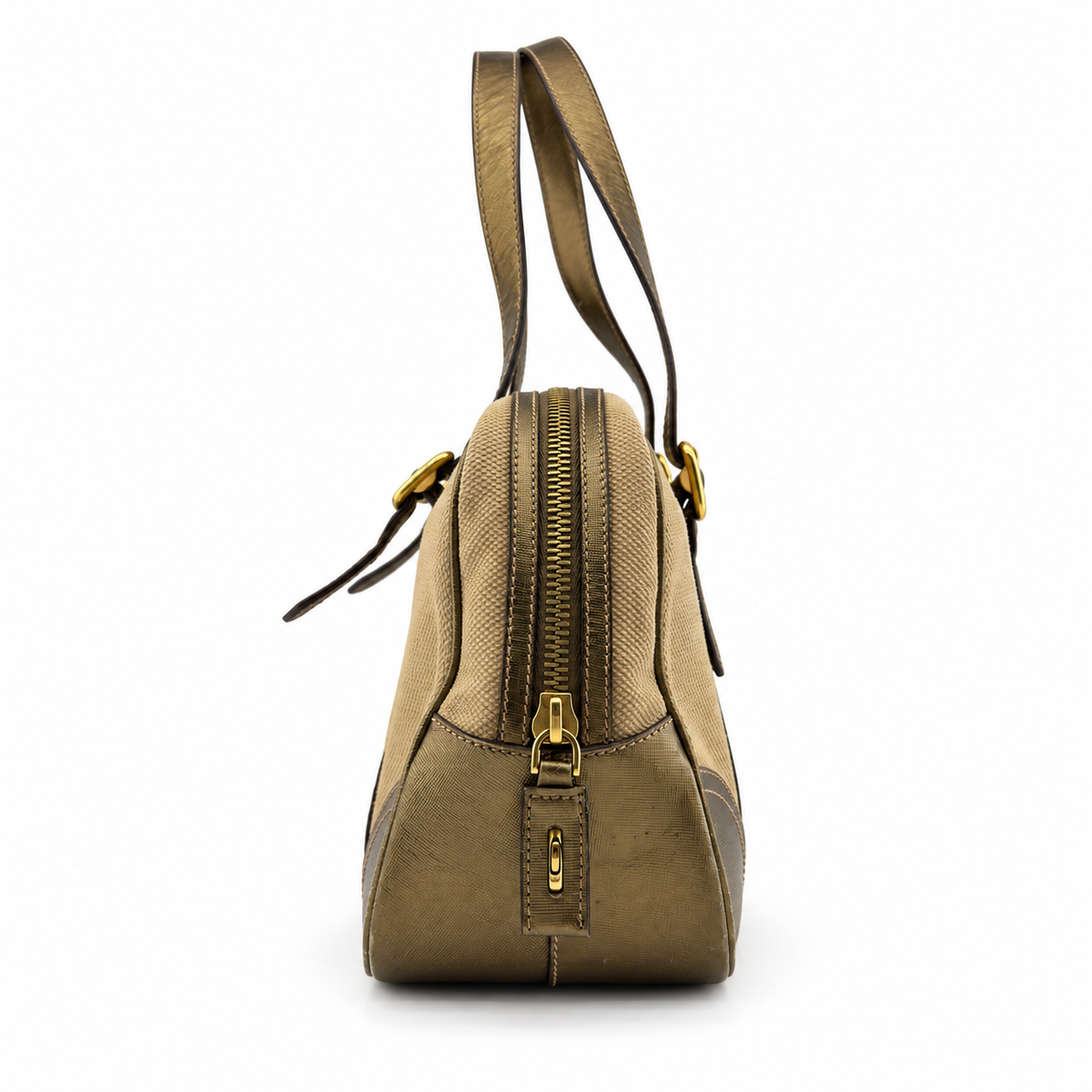 Prada Saffiano Trimmed Gold Bowling Handle Bag Gold Hardware