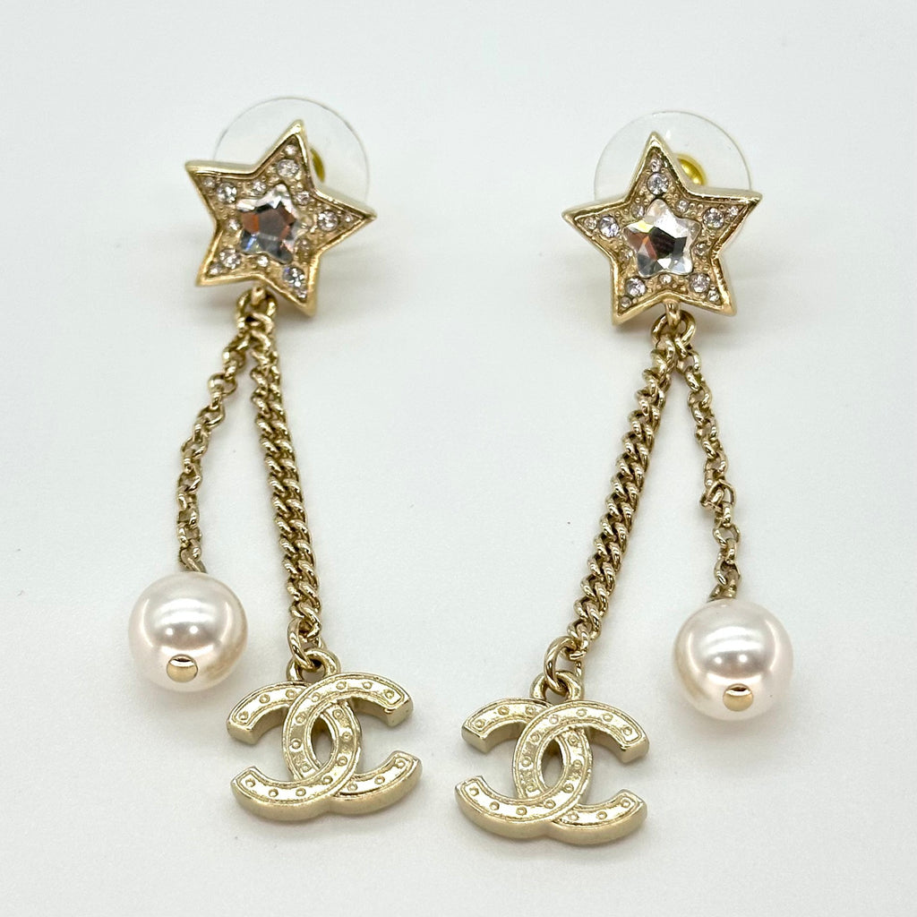 Chanel Star Rhinestone Tassel Stud Earrings with Double CC Logo Gold