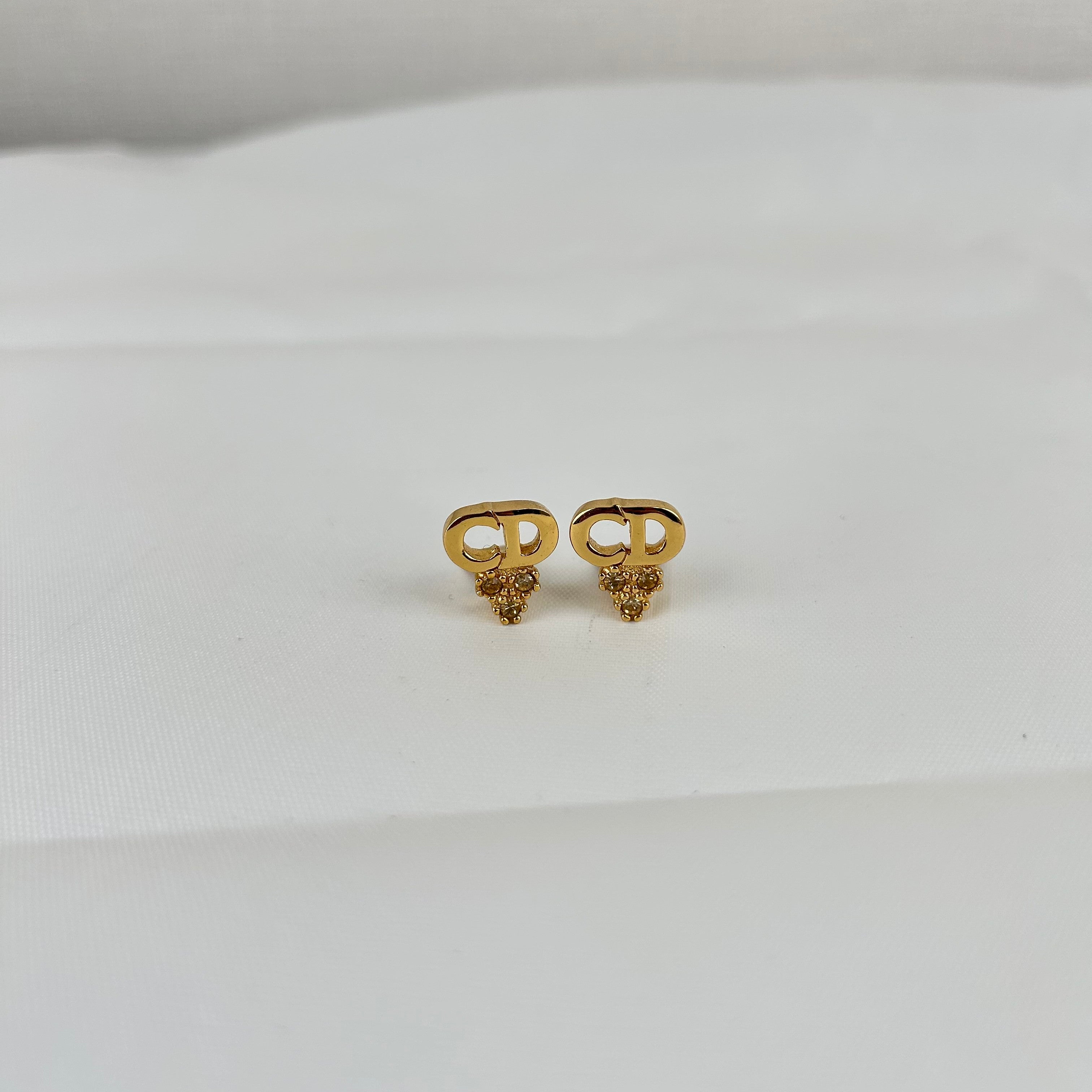 Christian Dior CD Logo Three Stone Stud Earrings Vintage