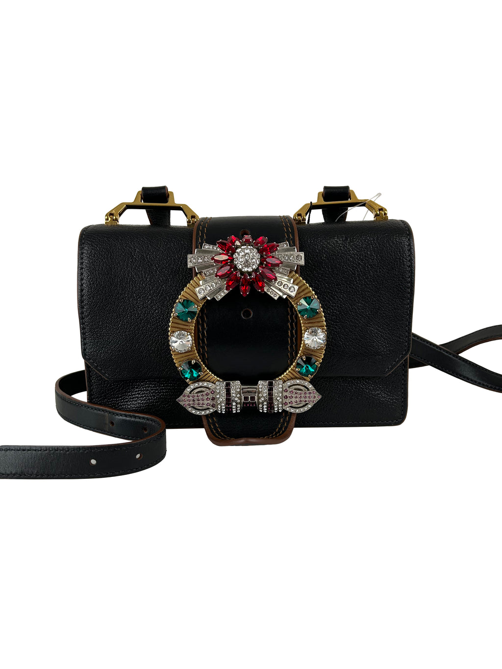 MIUMIU Sac à bandoulière à rabat en cuir Madras noir orné de cristaux et boucle