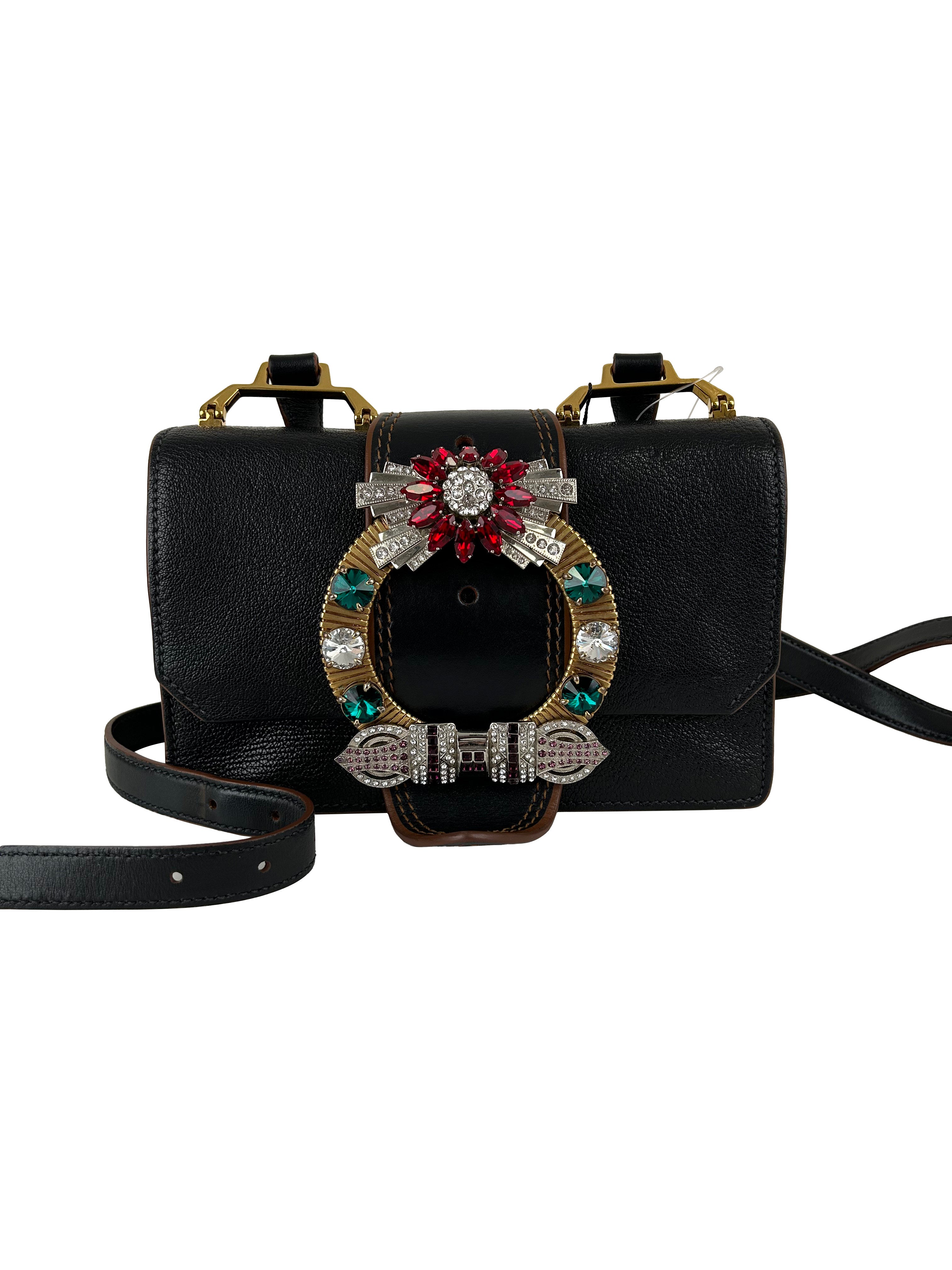 MIUMIU Sac à bandoulière à rabat en cuir Madras noir orné de cristaux et boucle