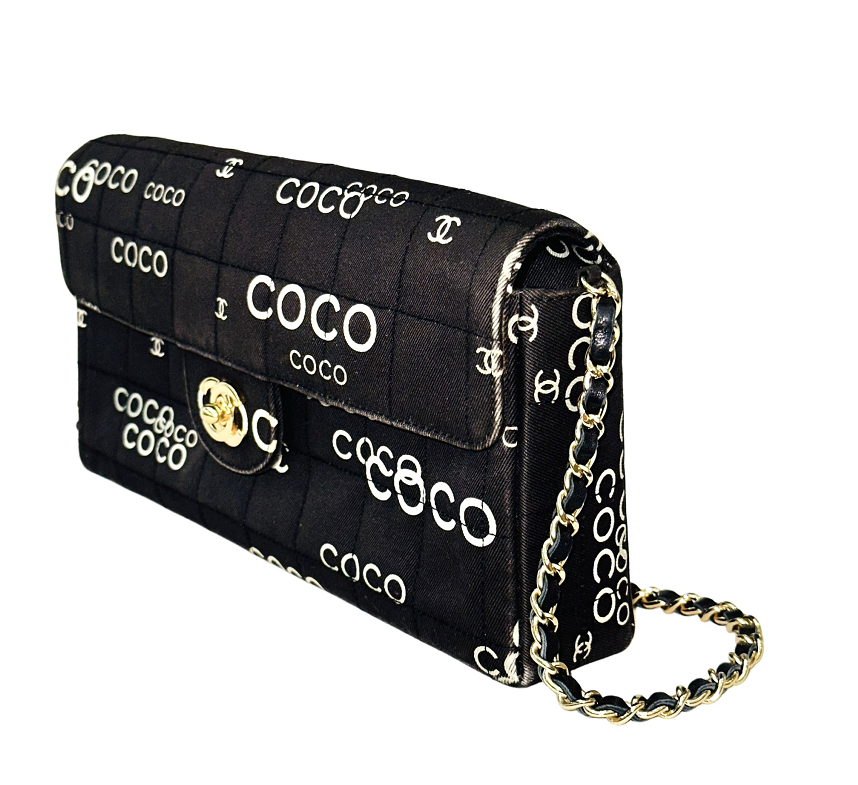 Chanel Canvas Coco Printed Quilted Medium Double Flap Black White