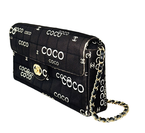 Chanel Canvas Coco Printed Quilted Medium Double Flap Black White