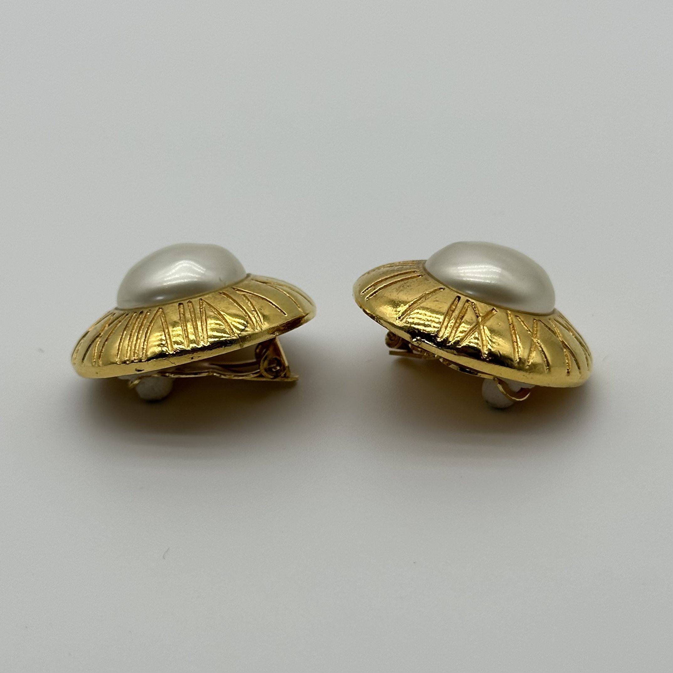 Chanel Gold Pearl Roman Numeral Hoop Clip-On Earrings Vintage